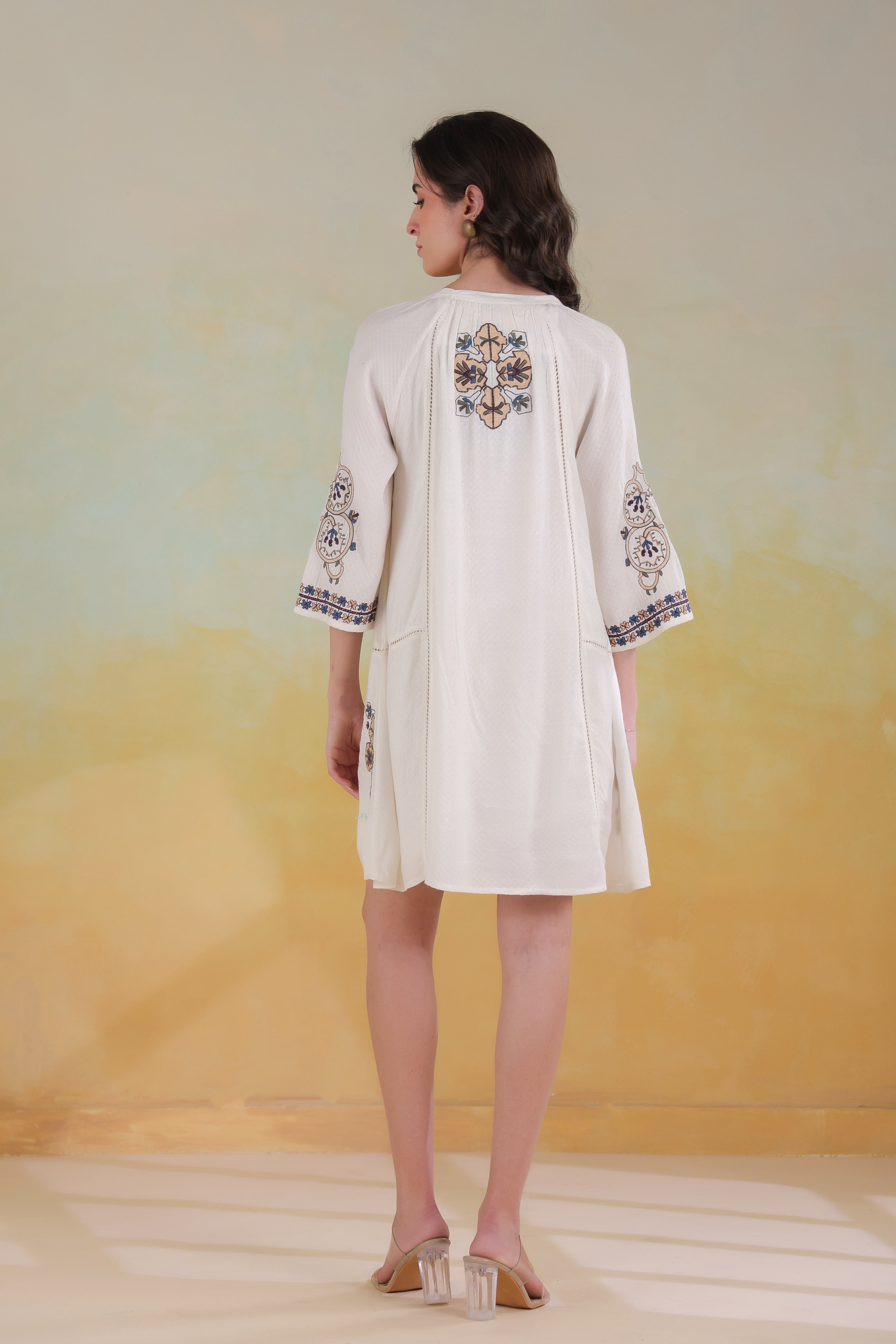 Women’s Beige Cotton Viscose Dobby Solid Embroidered Dress