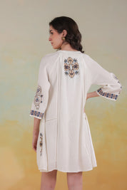 Women’s Beige Cotton Viscose Dobby Solid Embroidered Dress