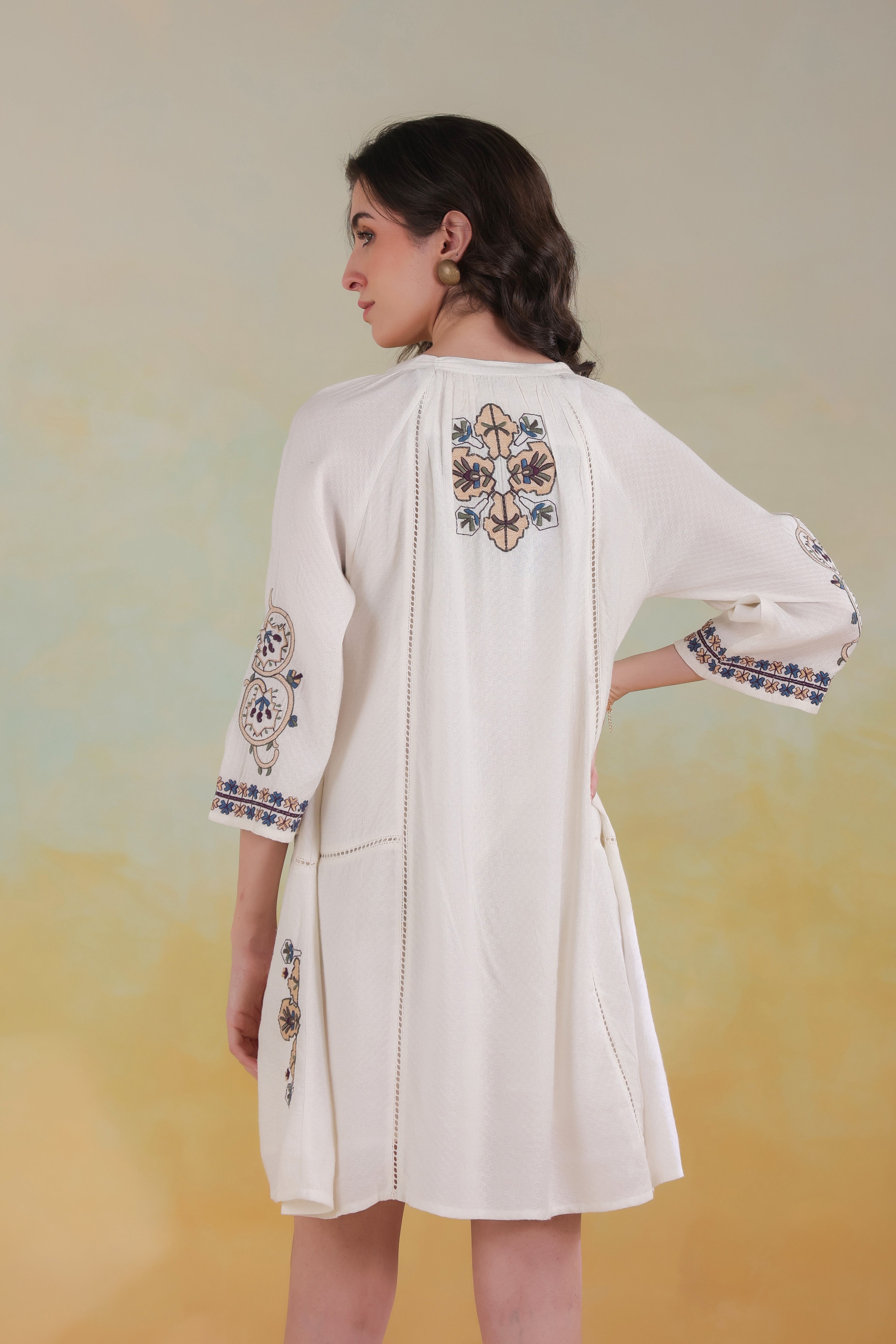 Women’s Beige Cotton Viscose Dobby Solid Embroidered Dress