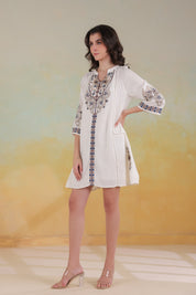 Women’s Beige Cotton Viscose Dobby Solid Embroidered Dress