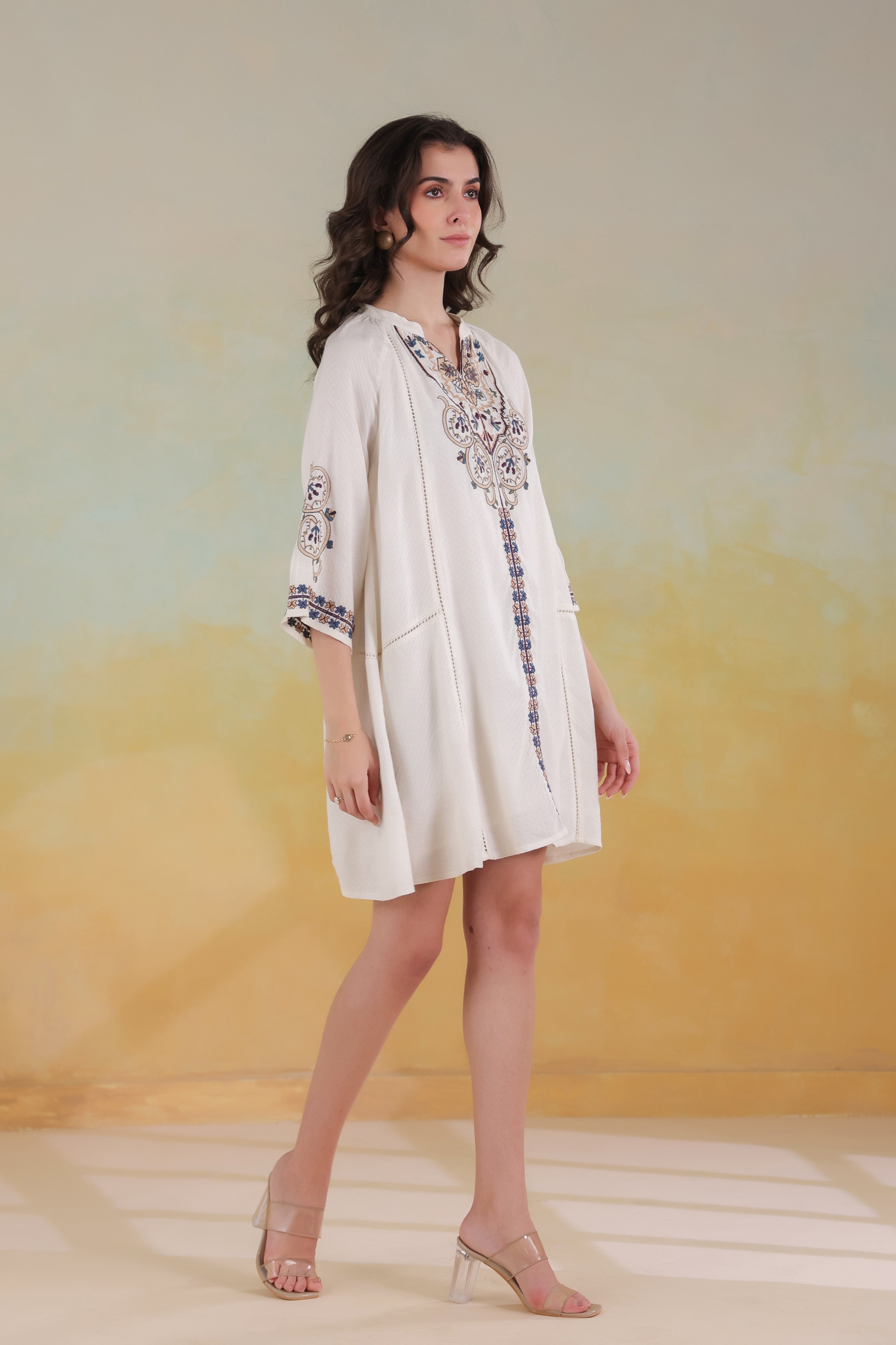 Women’s Beige Cotton Viscose Dobby Solid Embroidered Dress