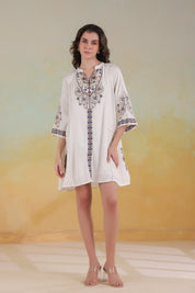 Women’s Beige Cotton Viscose Dobby Solid Embroidered Dress