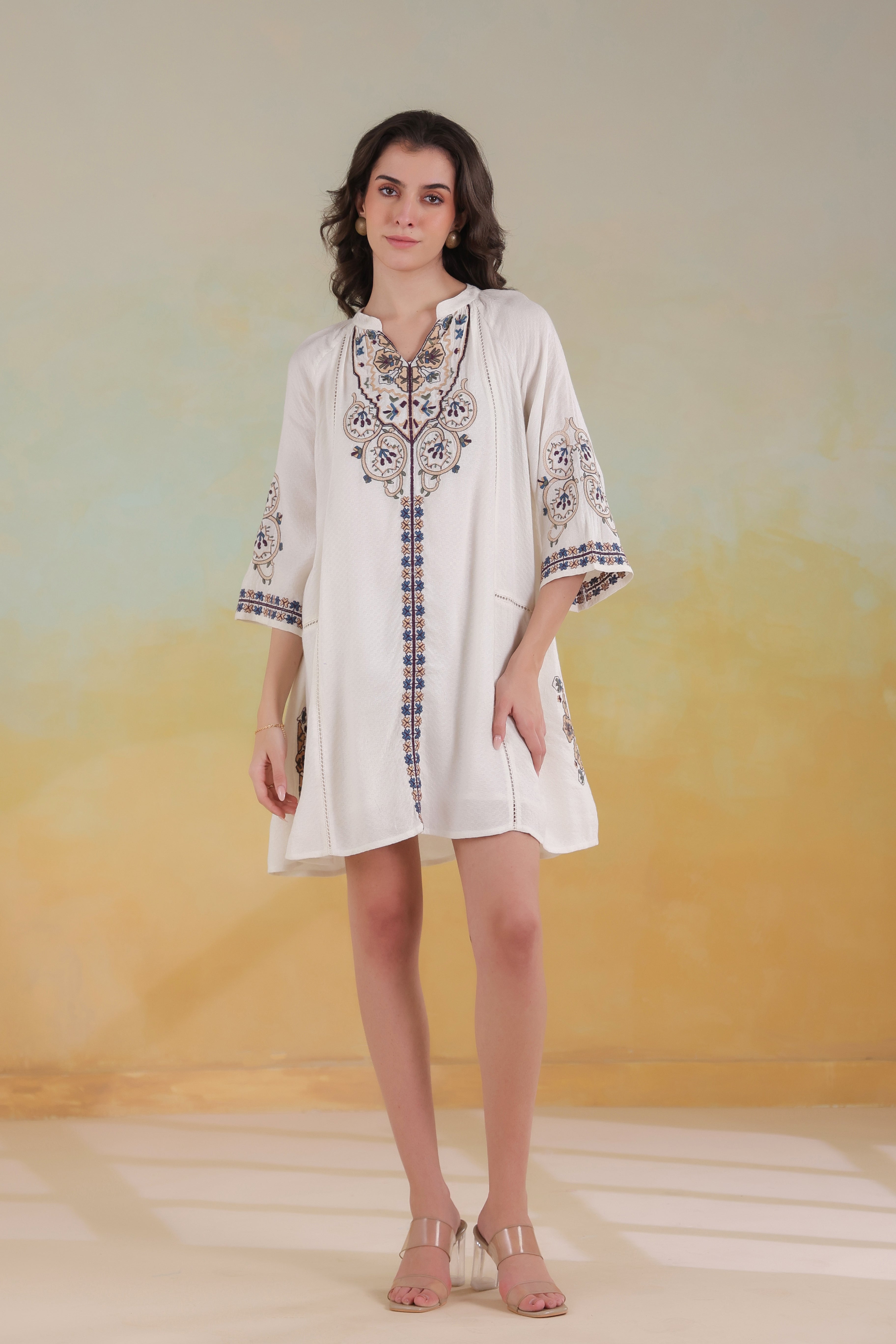 Women’s Beige Cotton Viscose Dobby Solid Embroidered Dress