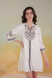 Women’s Beige Cotton Viscose Dobby Solid Embroidered Dress