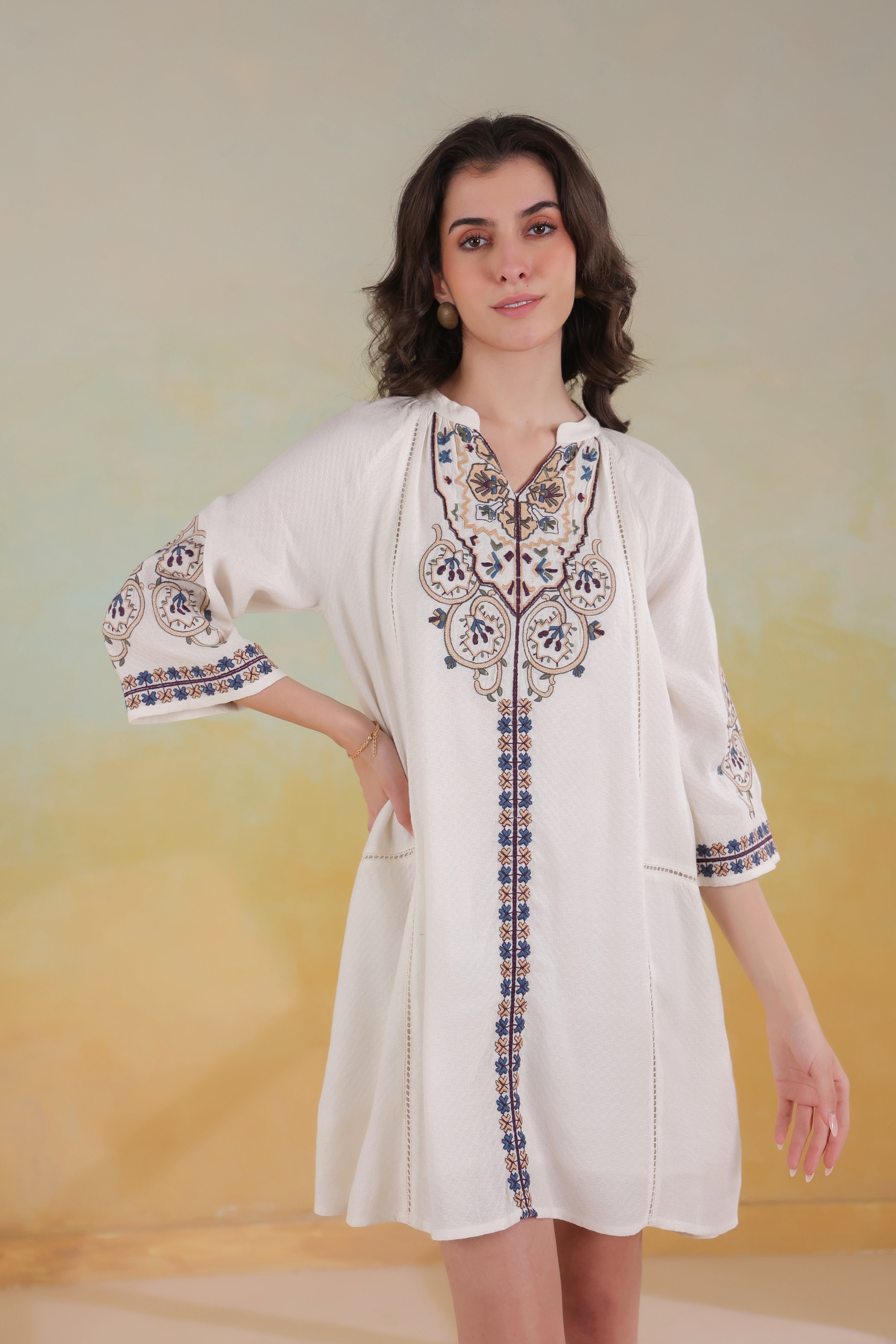 Women’s Beige Cotton Viscose Dobby Solid Embroidered Dress