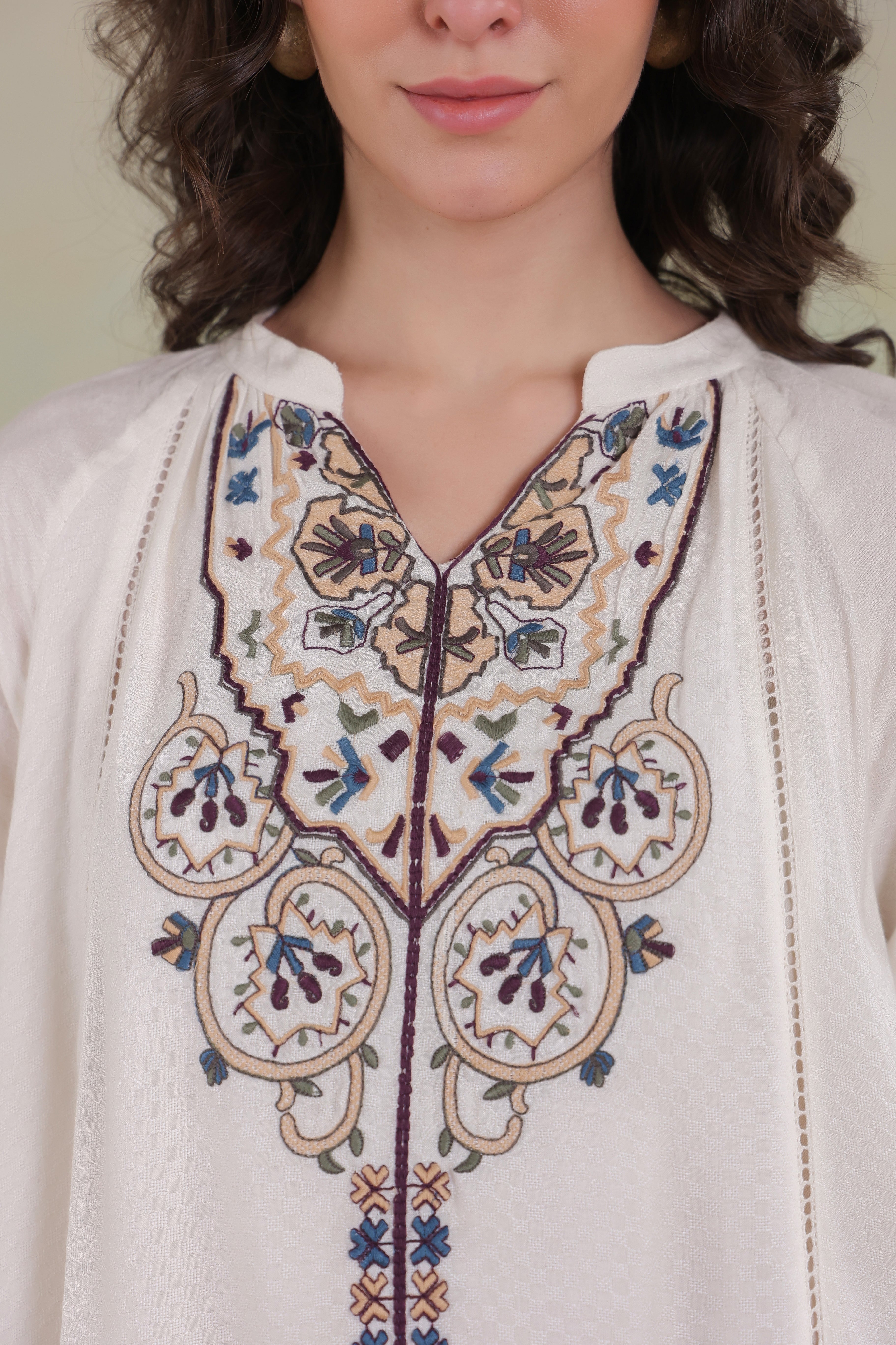 Women’s Beige Cotton Viscose Dobby Solid Embroidered Dress