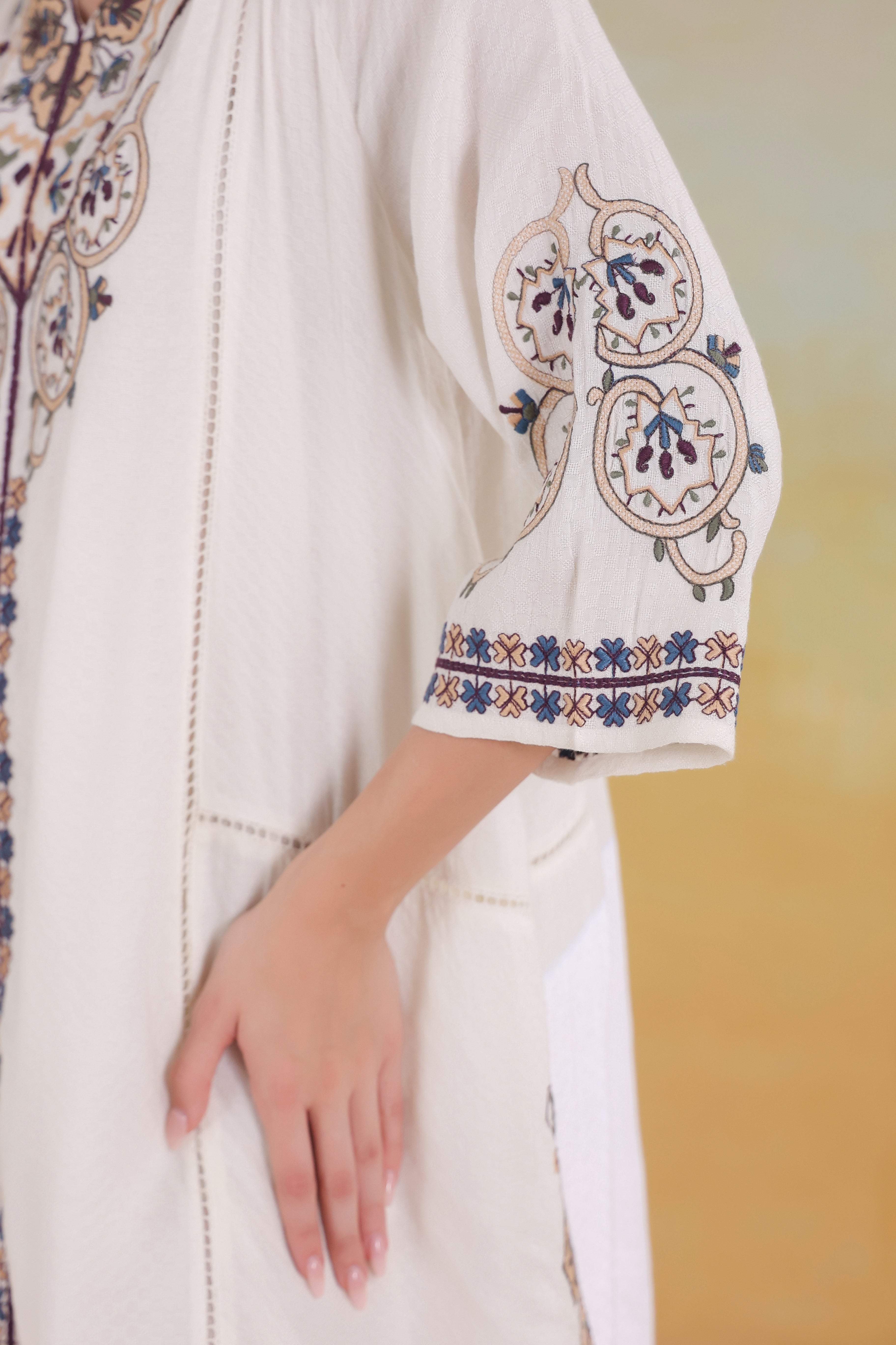 Women’s Beige Cotton Viscose Dobby Solid Embroidered Dress