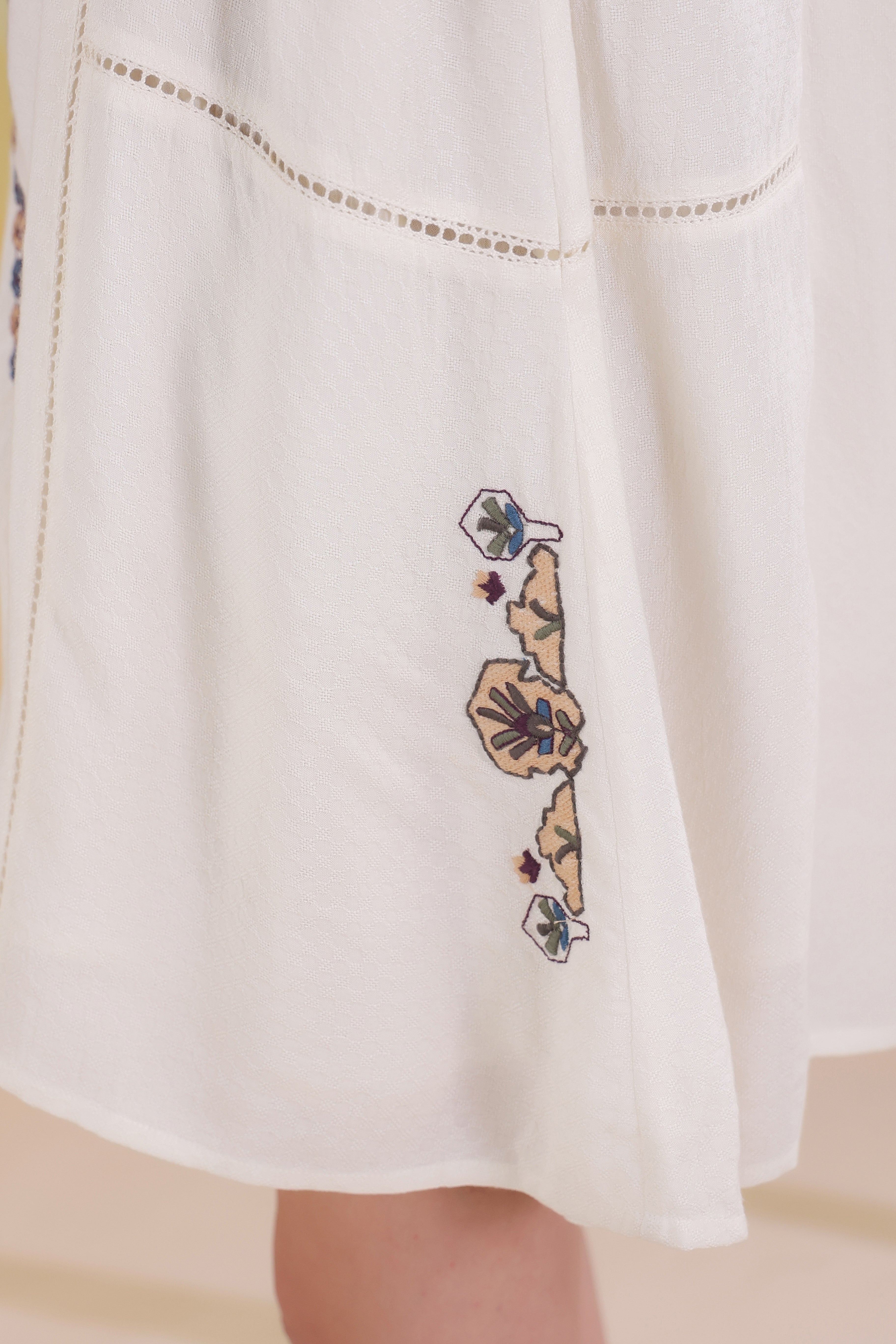 Women’s Beige Cotton Viscose Dobby Solid Embroidered Dress