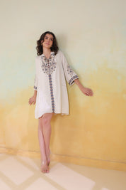 Women’s Beige Cotton Viscose Dobby Solid Embroidered Dress