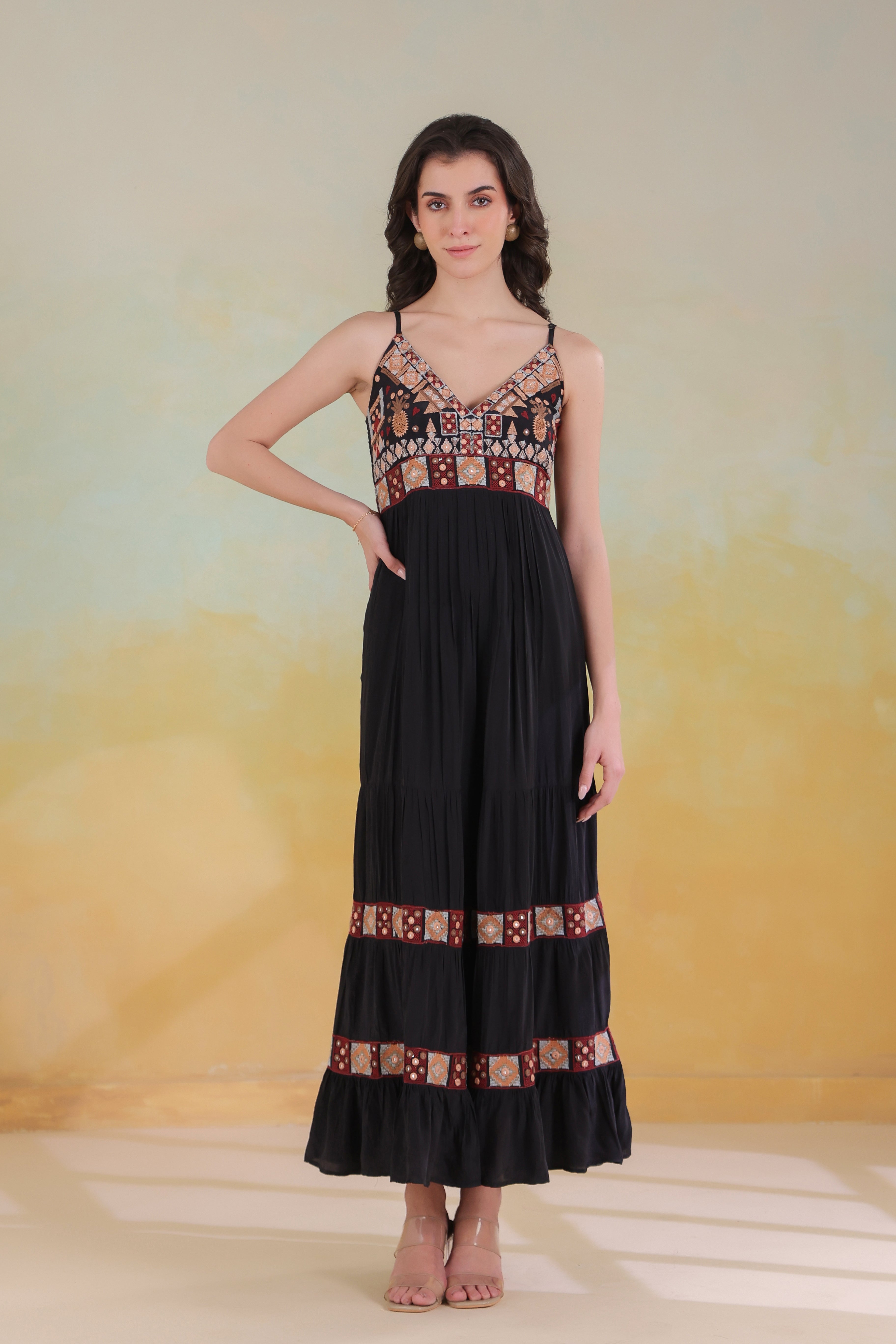 Women’s Black Viscose Rayon Embroidered Dress