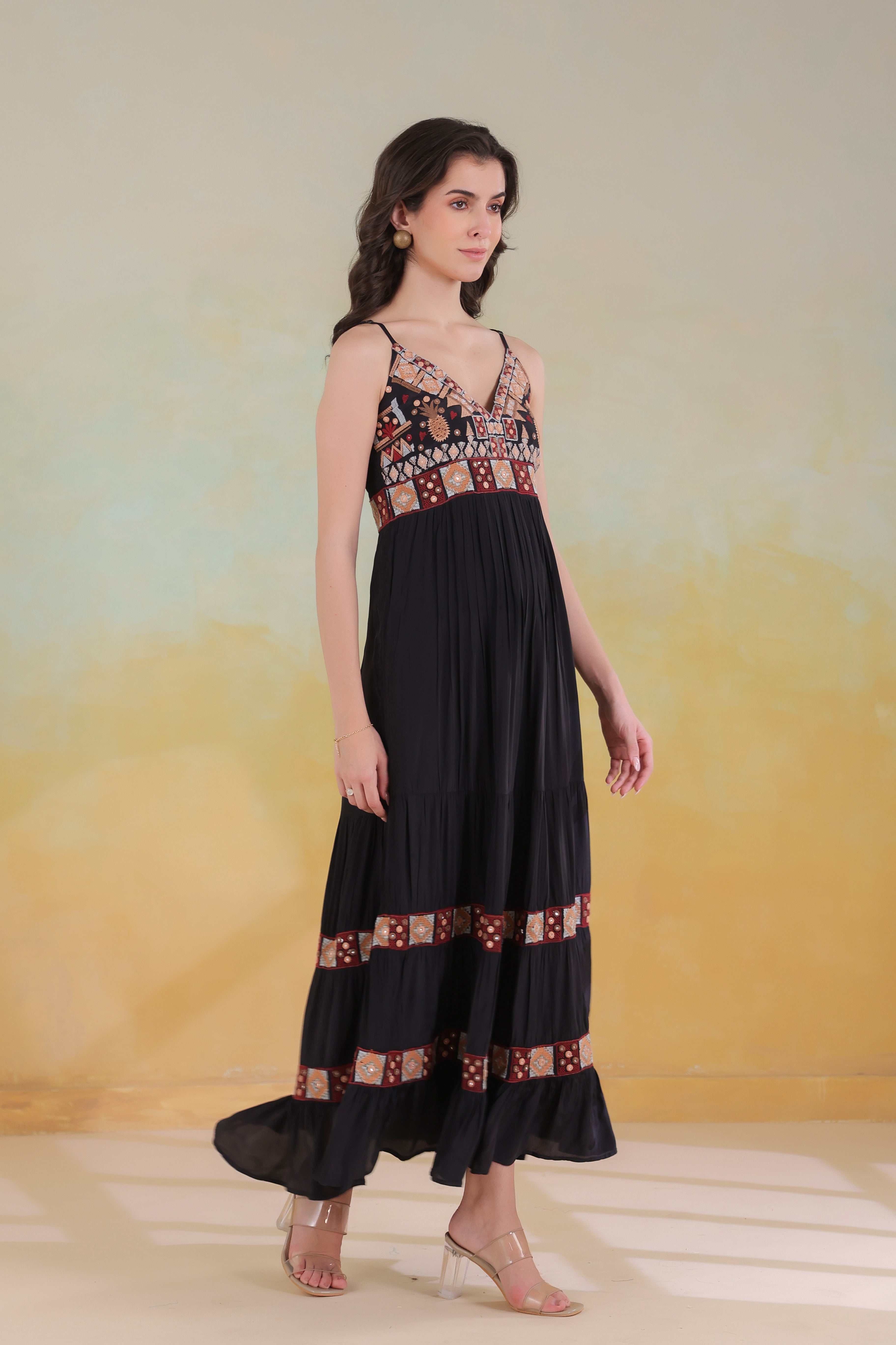 Women’s Black Viscose Rayon Embroidered Dress