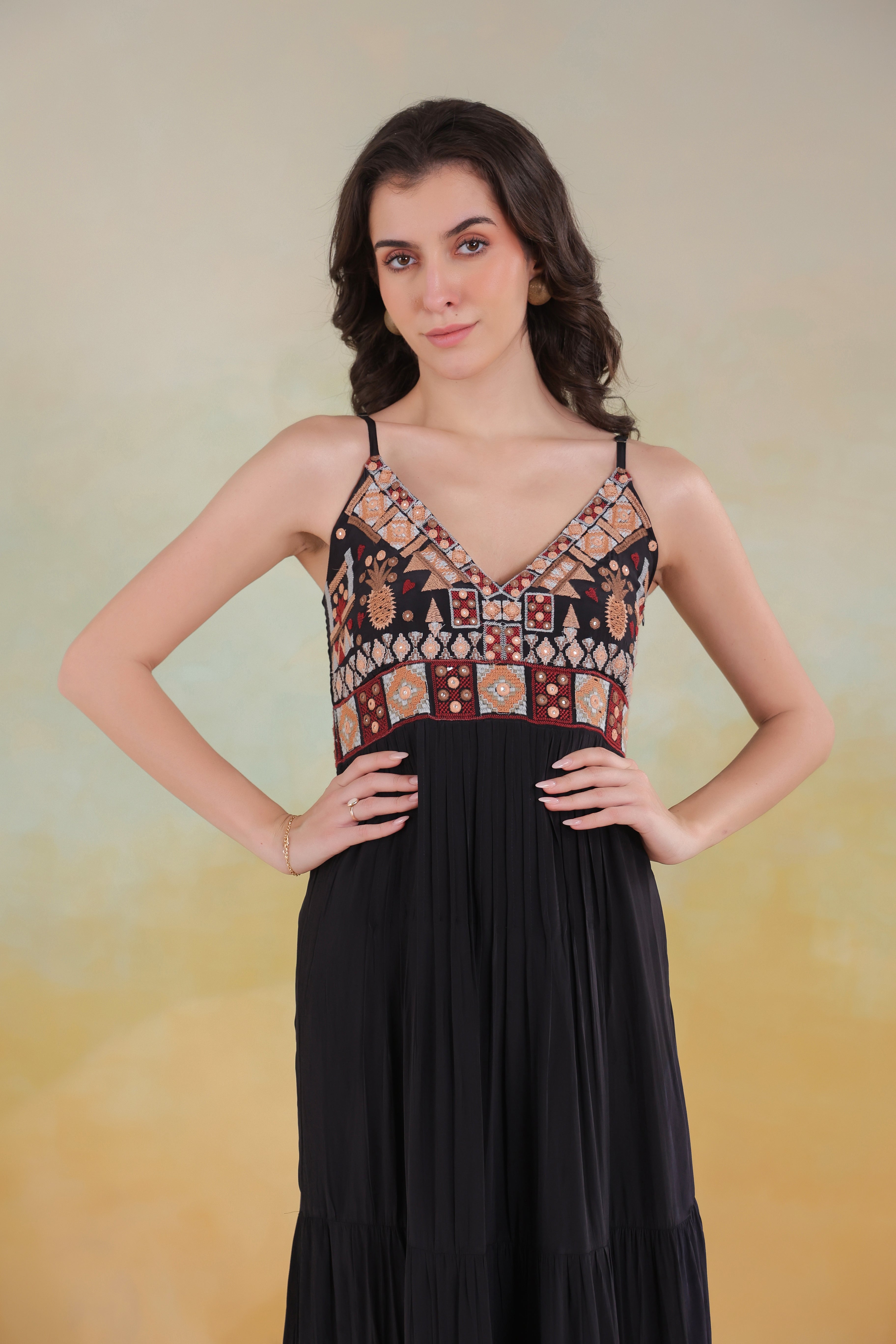 Women’s Black Viscose Rayon Embroidered Dress