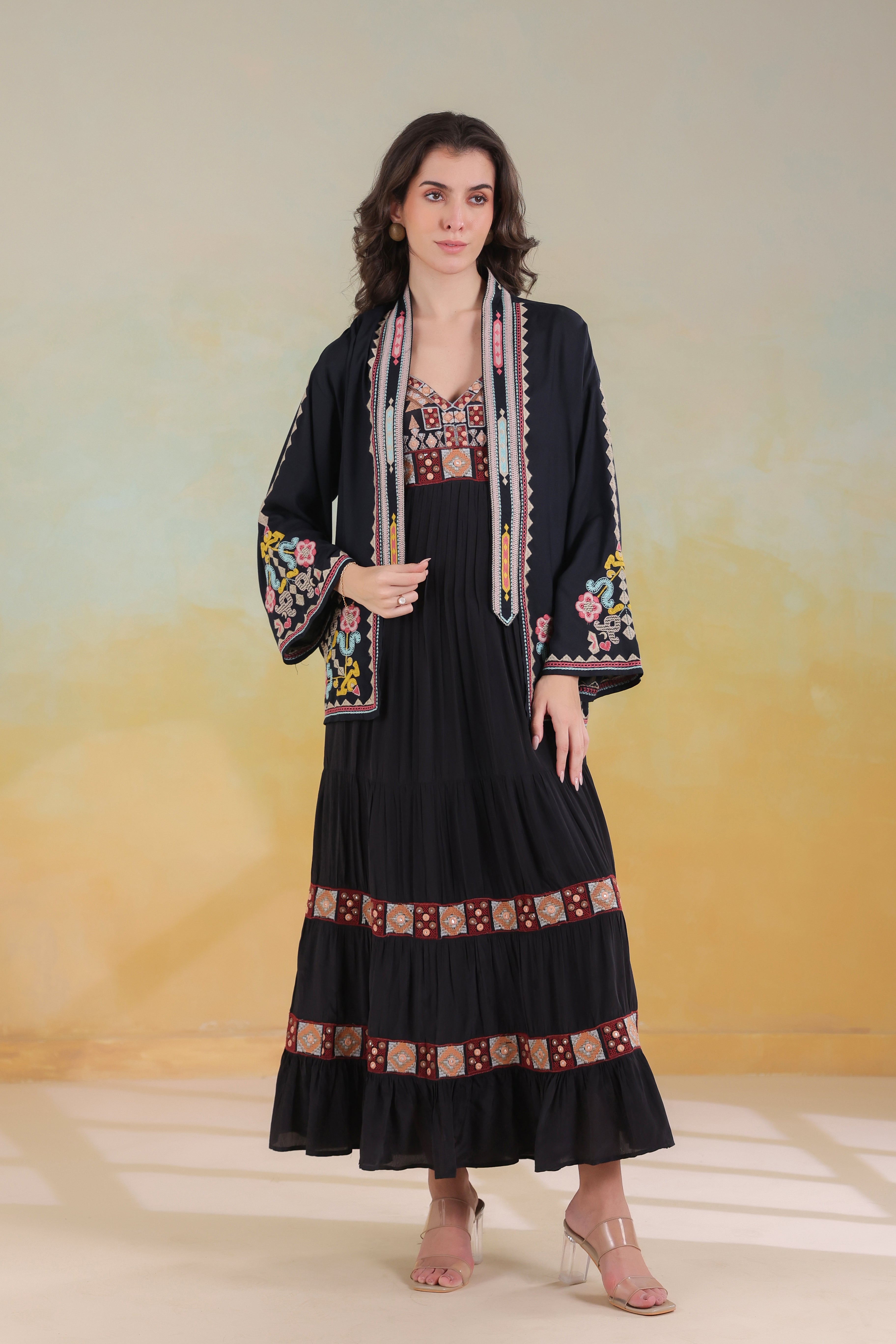 Women’s Black Rayon Solid Embroidered Shrug