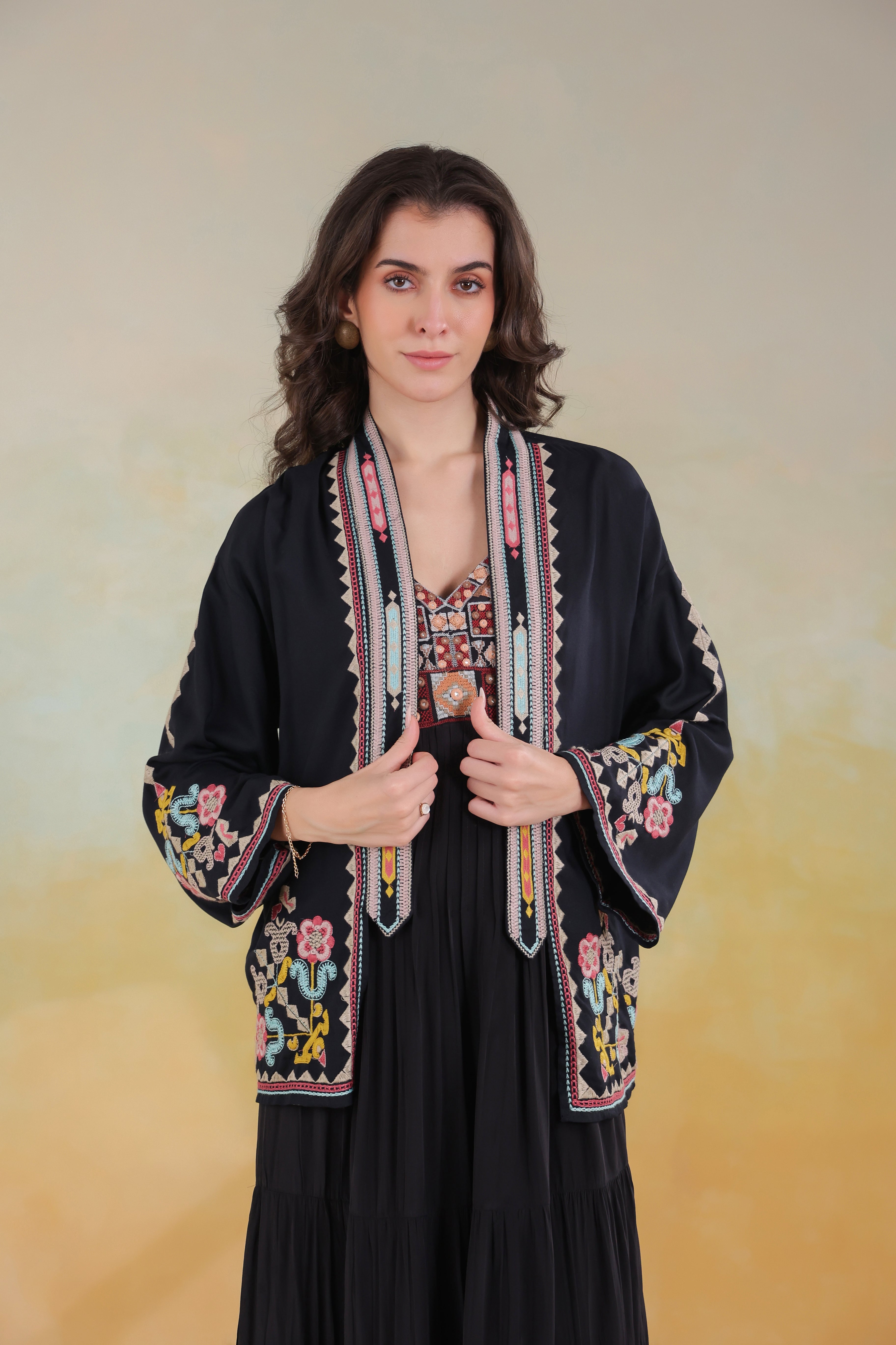 Women’s Black Rayon Solid Embroidered Shrug