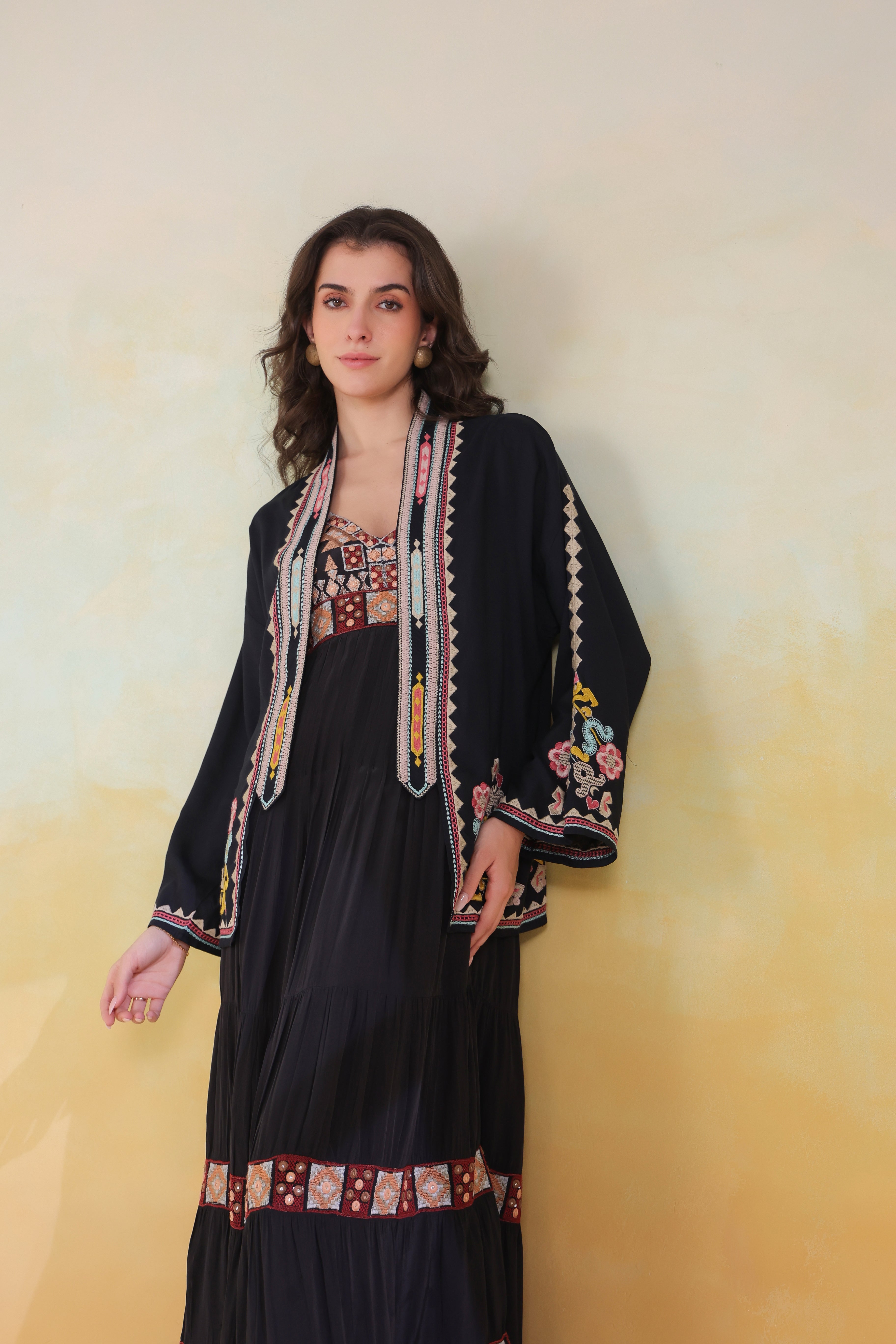 Women’s Black Rayon Solid Embroidered Shrug