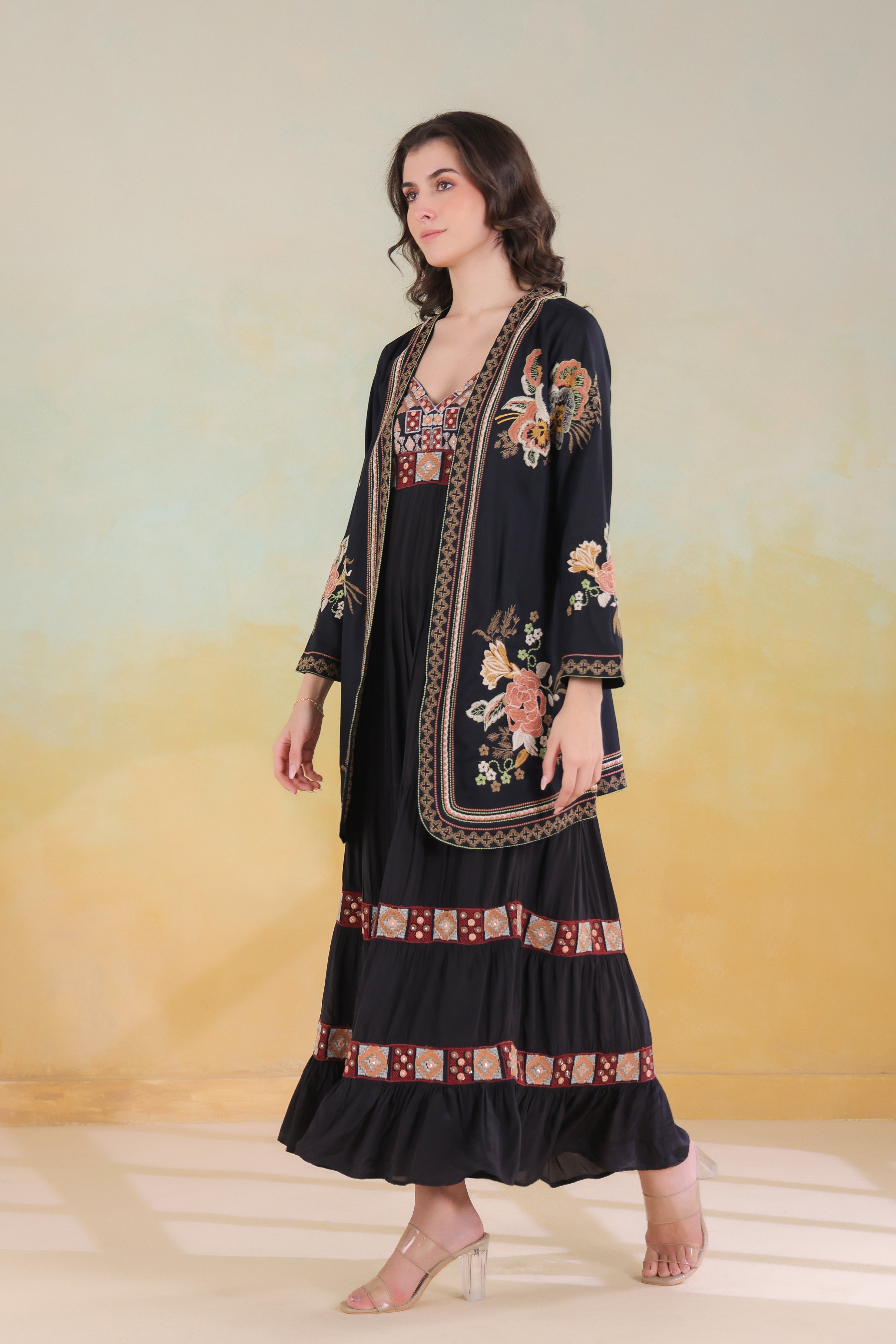 Women’s Black Viscose Rayon Embroidered Shrug