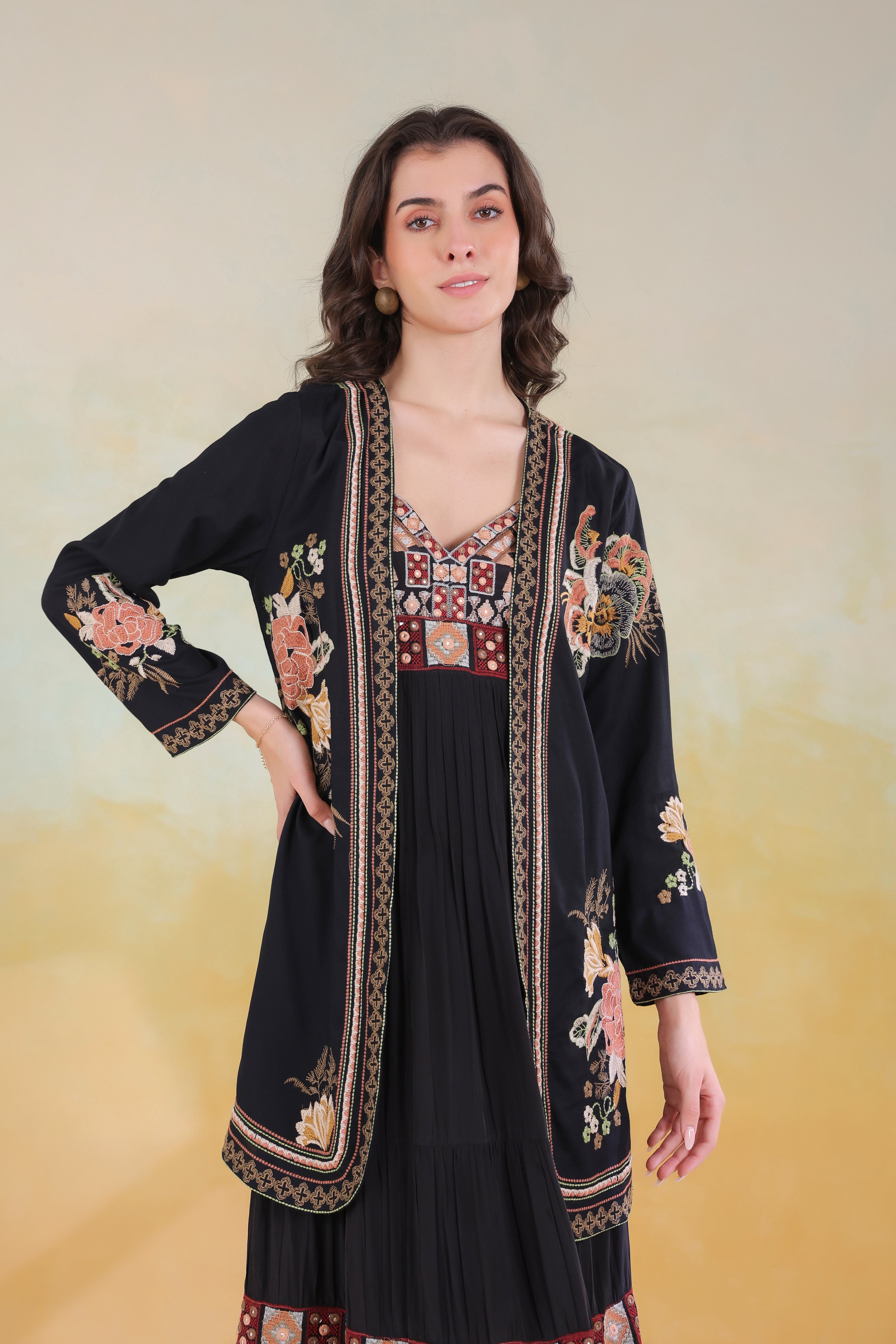 Women’s Black Viscose Rayon Embroidered Shrug