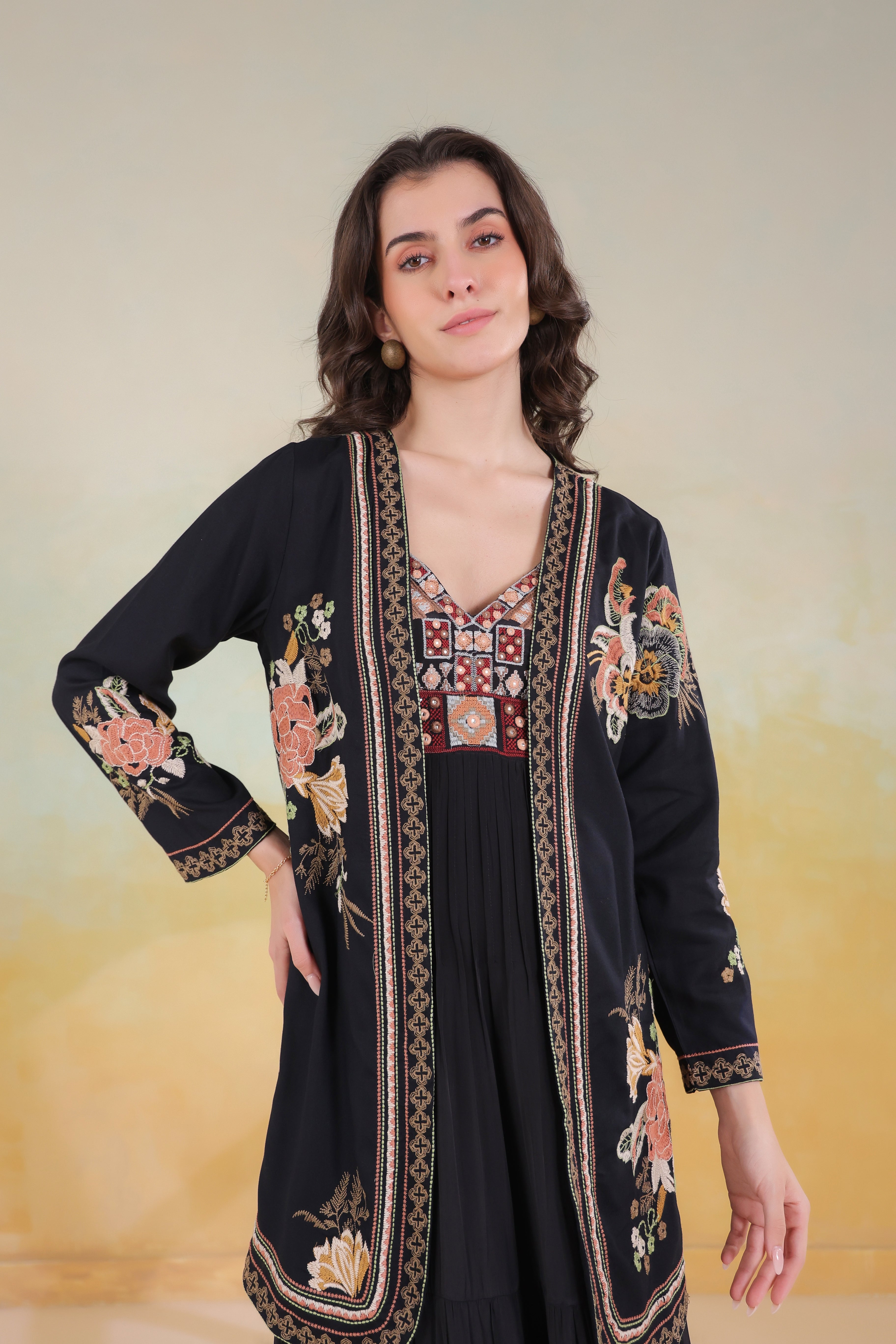 Women’s Black Viscose Rayon Embroidered Shrug
