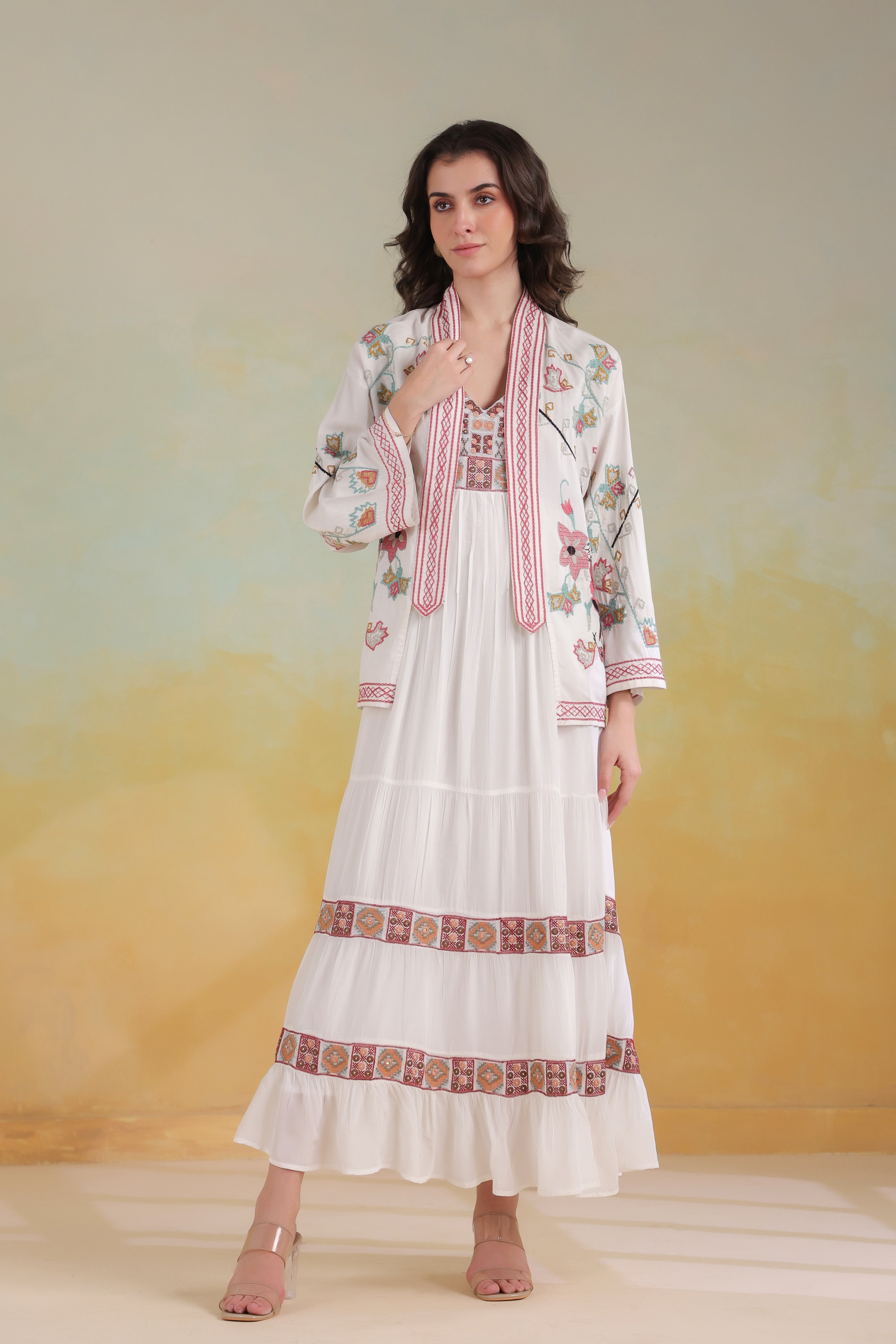 Women’s White Rayon Solid Embroidered Shrug