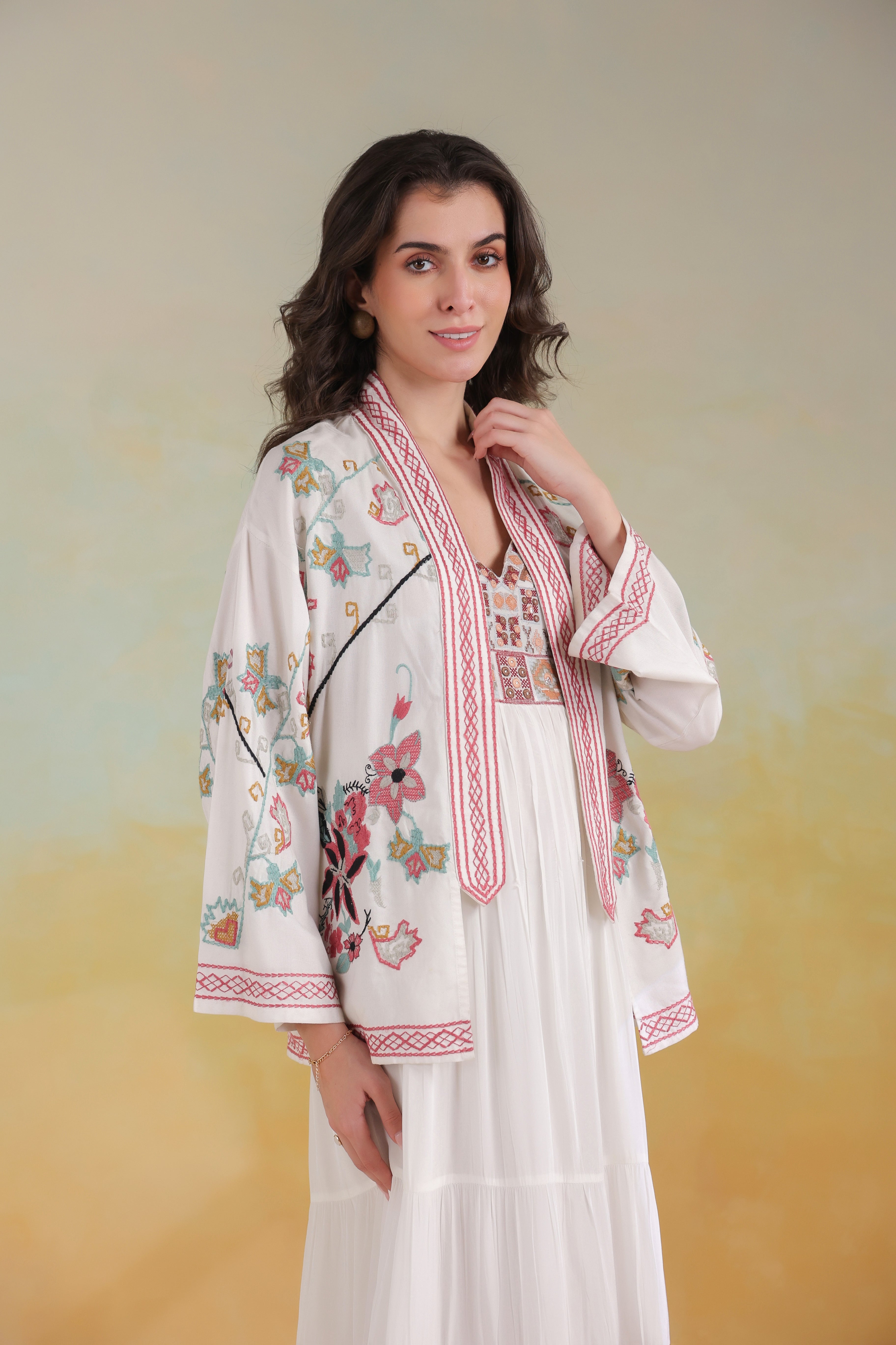 Women’s White Rayon Solid Embroidered Shrug