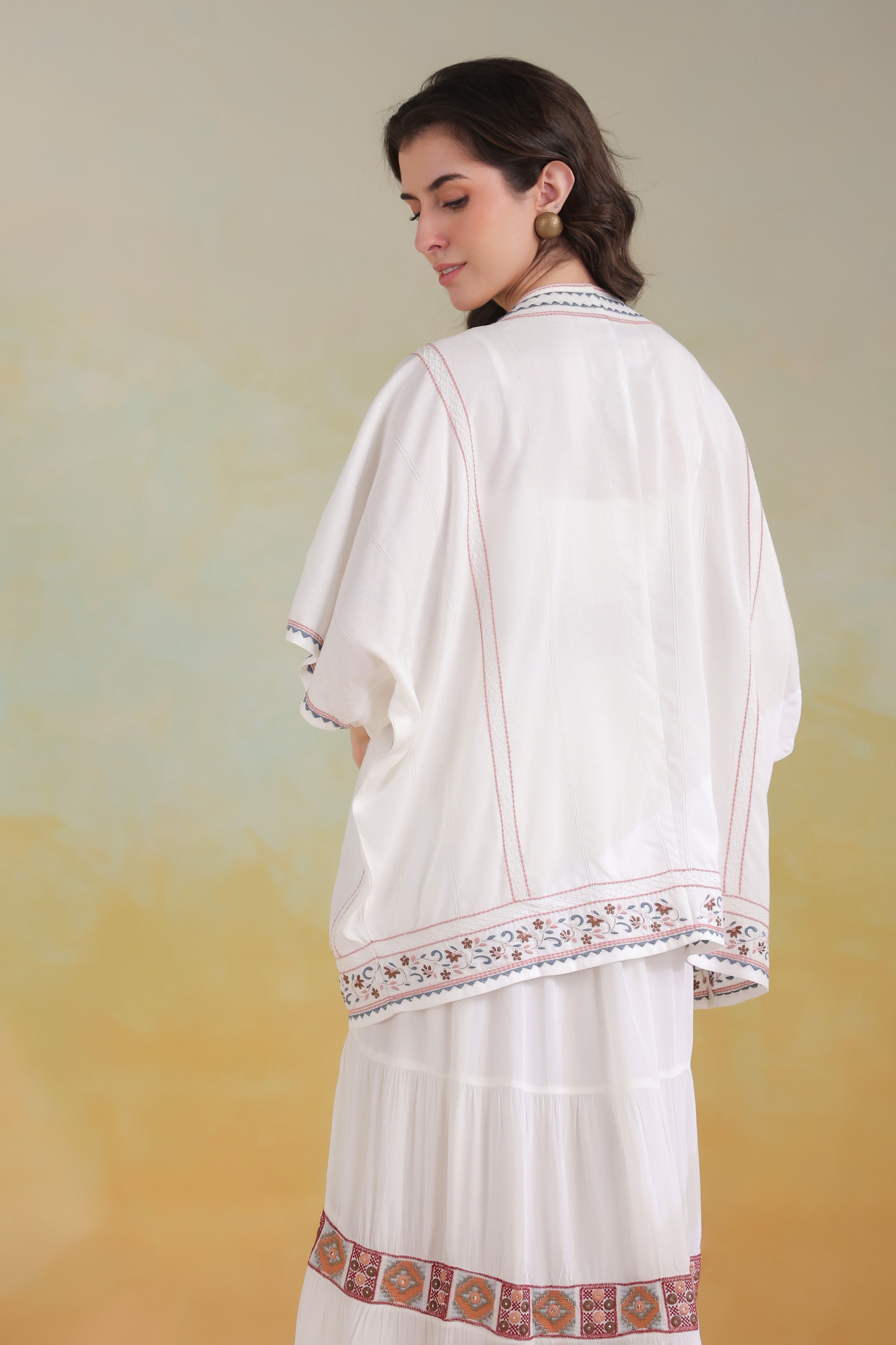 Women’s White Rayon Printed Embroidered Shrug