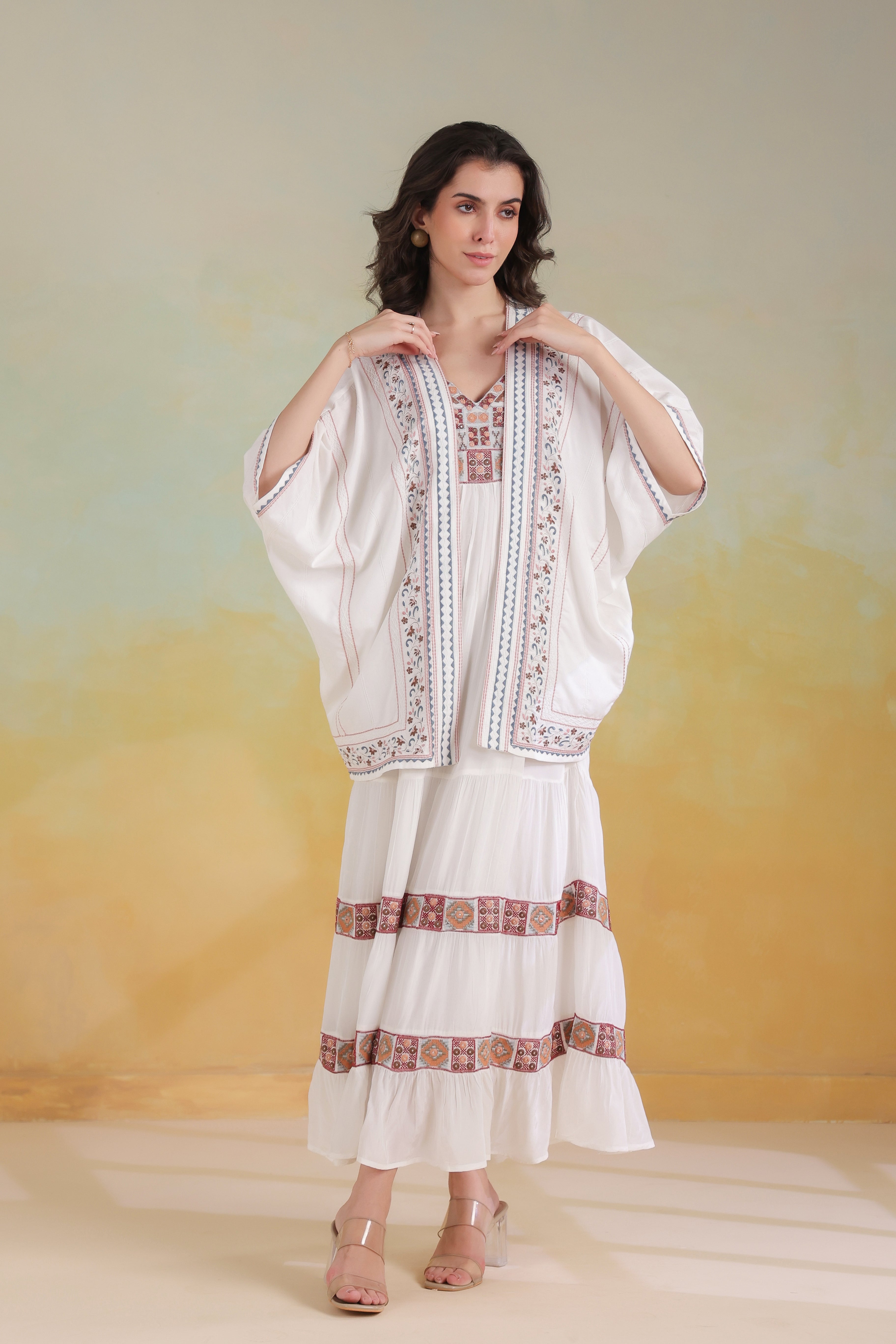 Women’s White Rayon Printed Embroidered Shrug