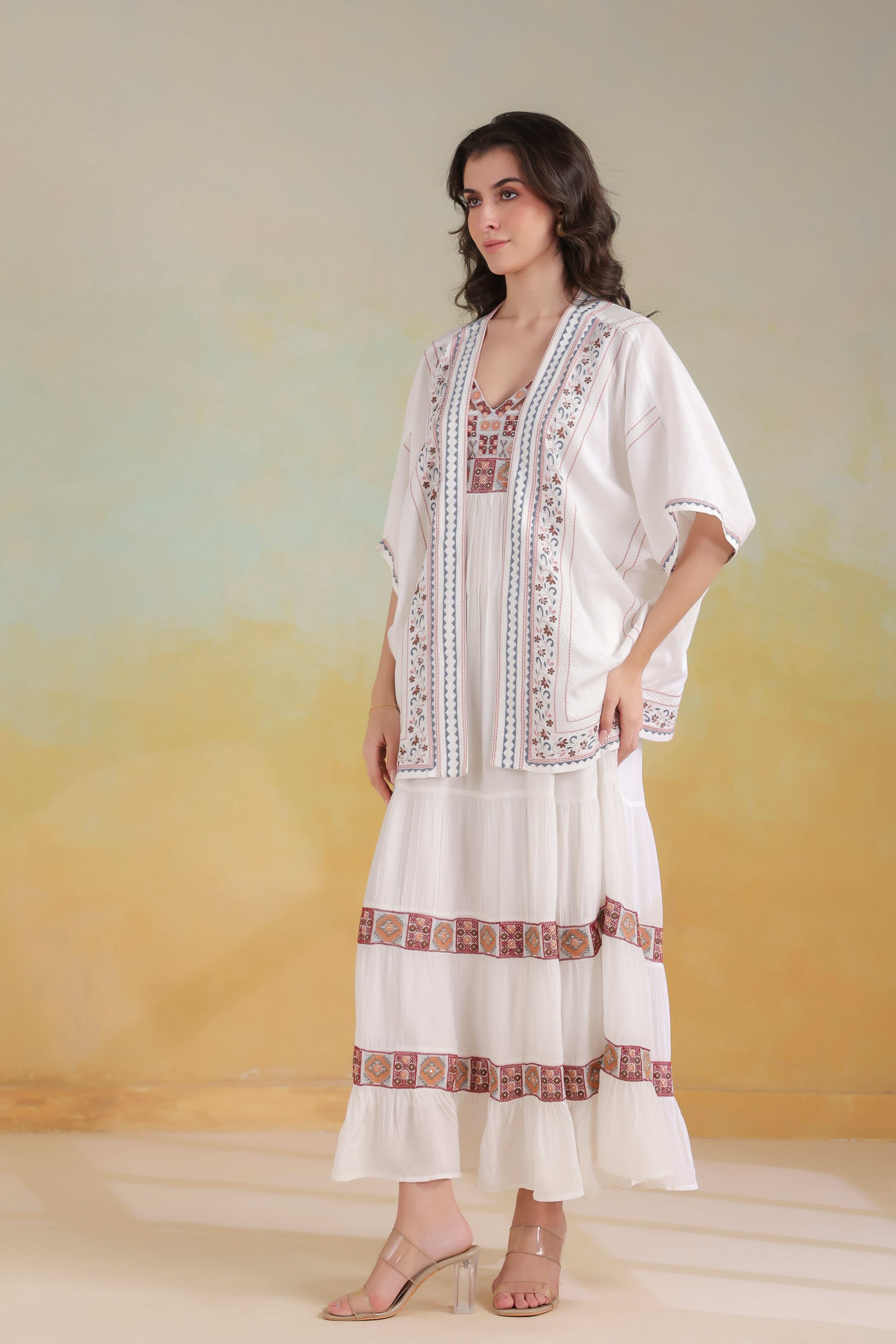 Women’s White Rayon Printed Embroidered Shrug