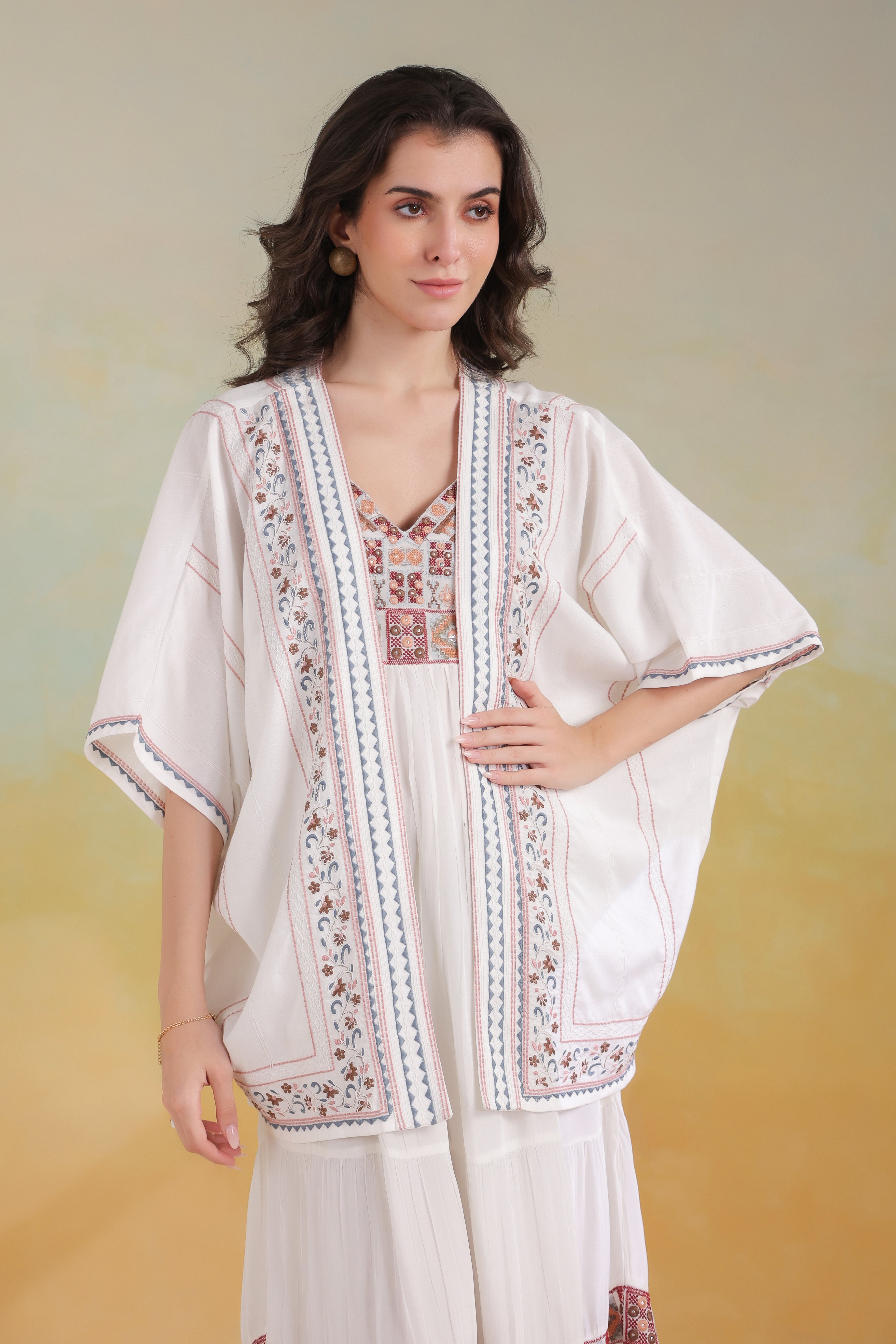 Women’s White Rayon Printed Embroidered Shrug
