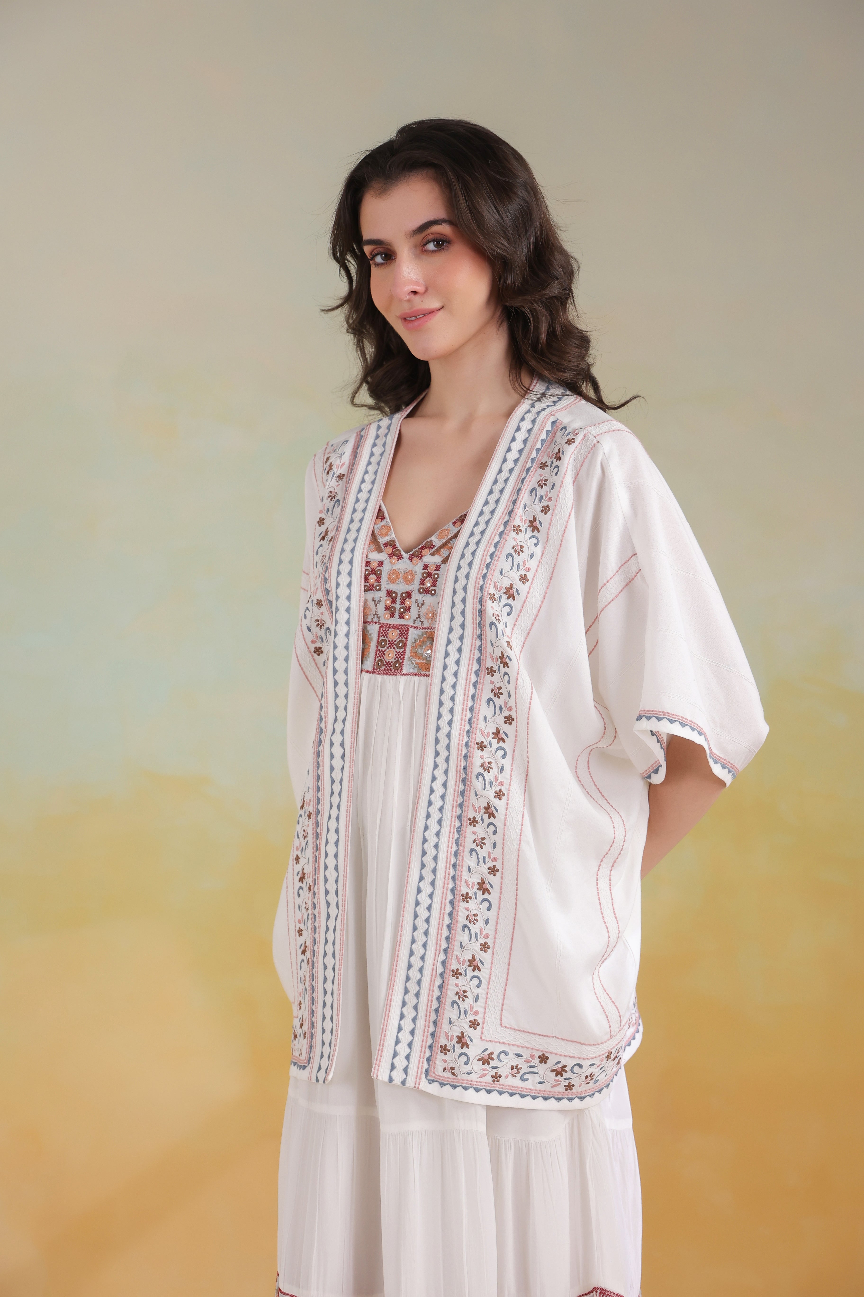 Women’s White Rayon Printed Embroidered Shrug