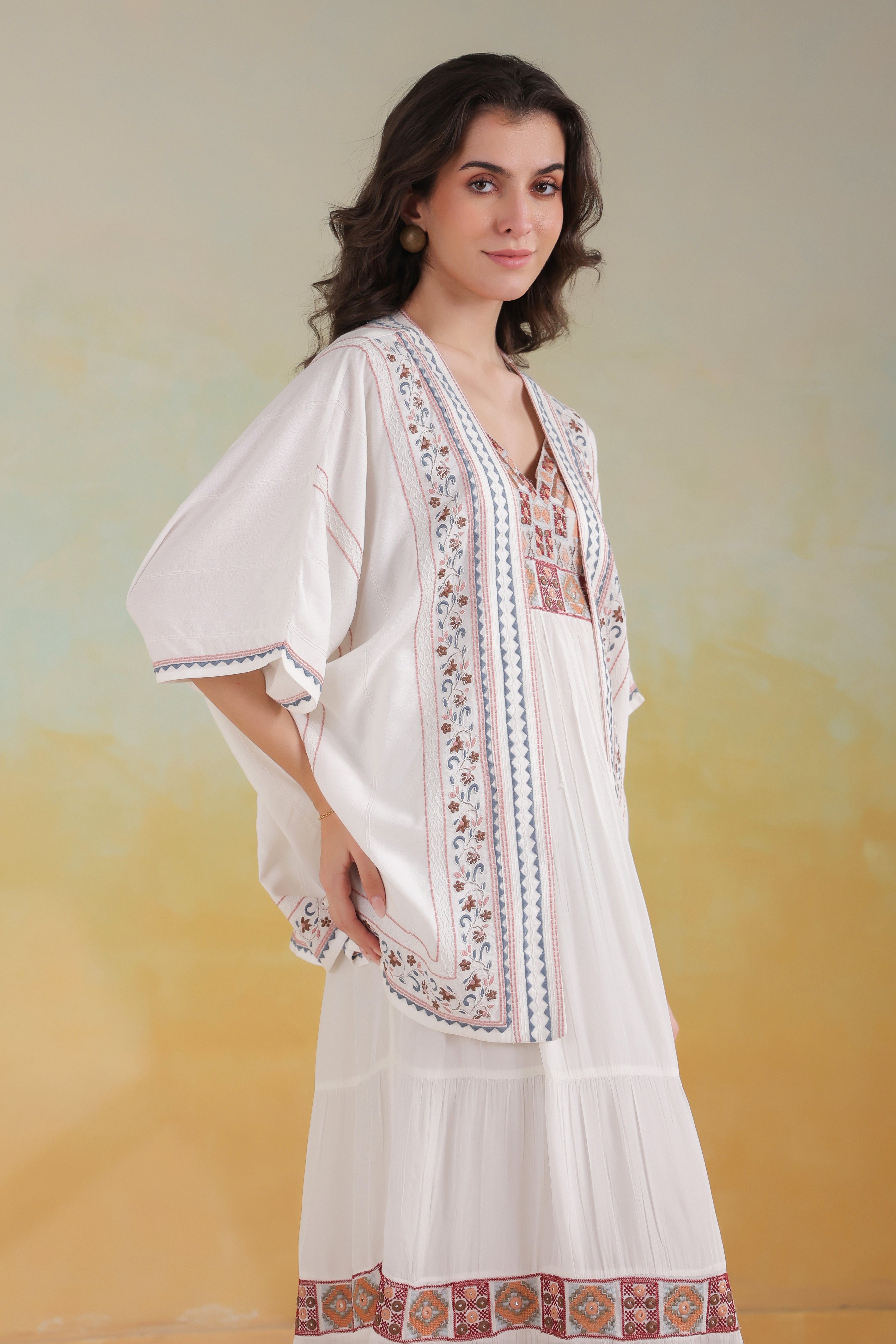 Women’s White Rayon Printed Embroidered Shrug