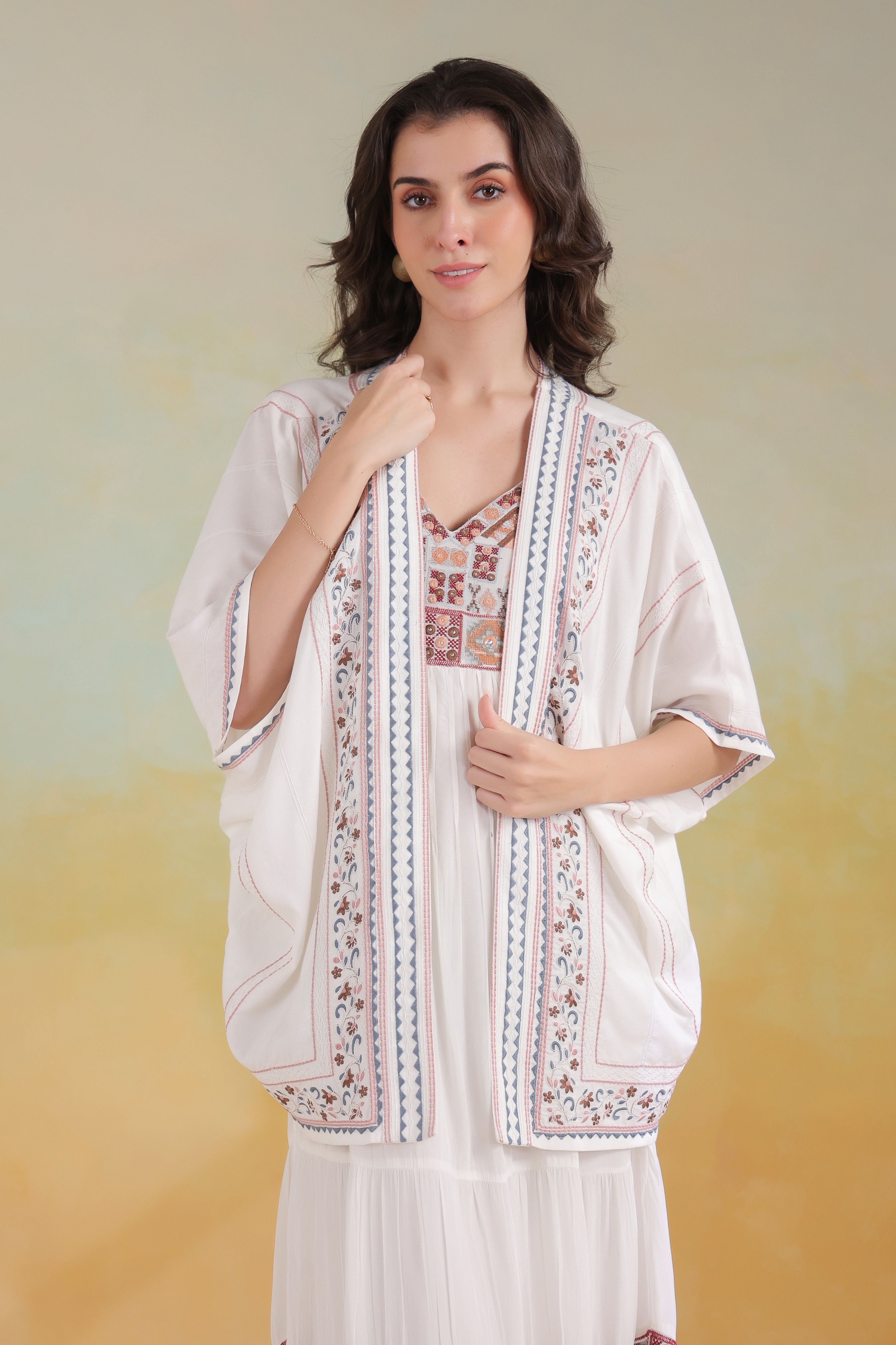 Women’s White Rayon Printed Embroidered Shrug