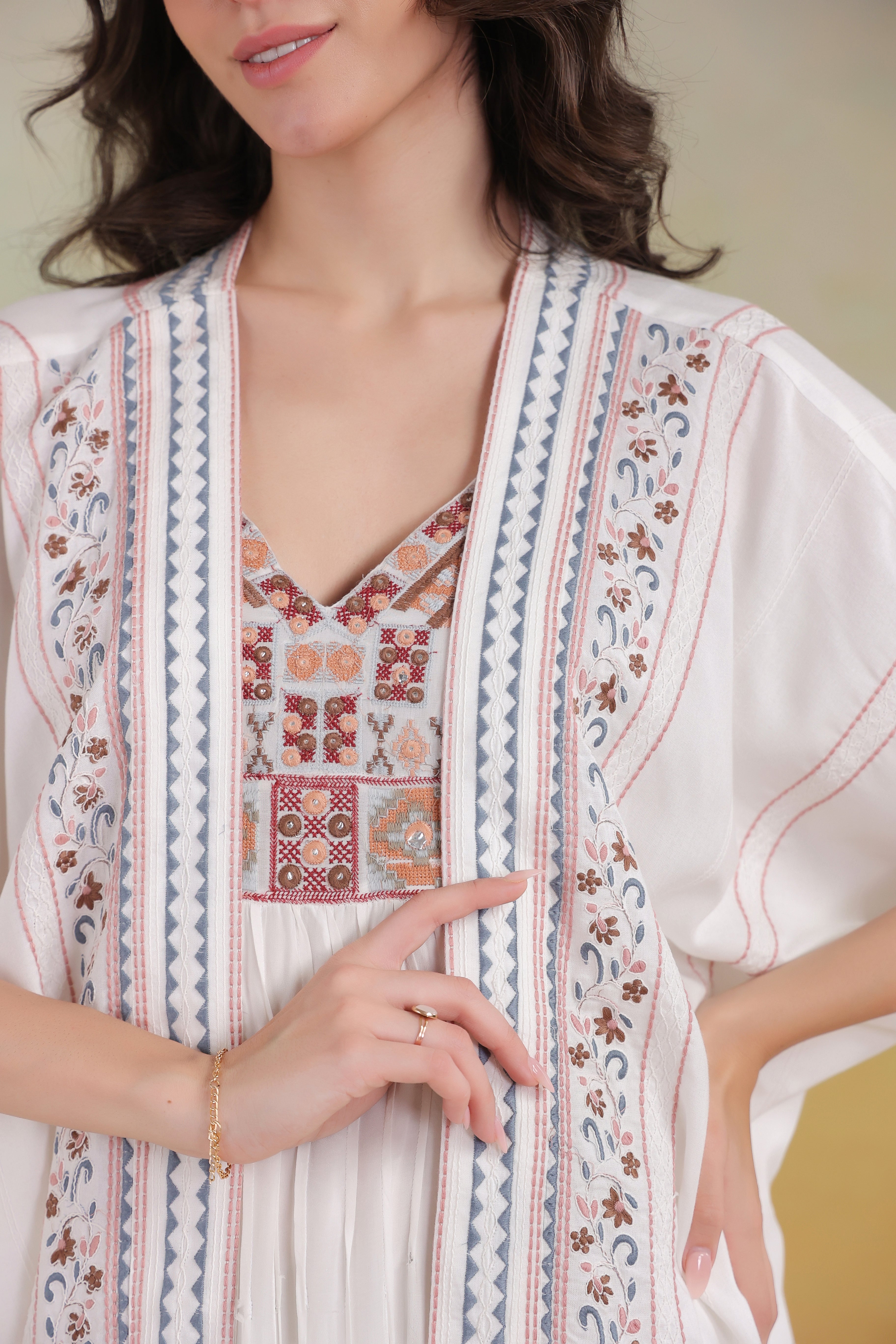 Women’s White Rayon Printed Embroidered Shrug