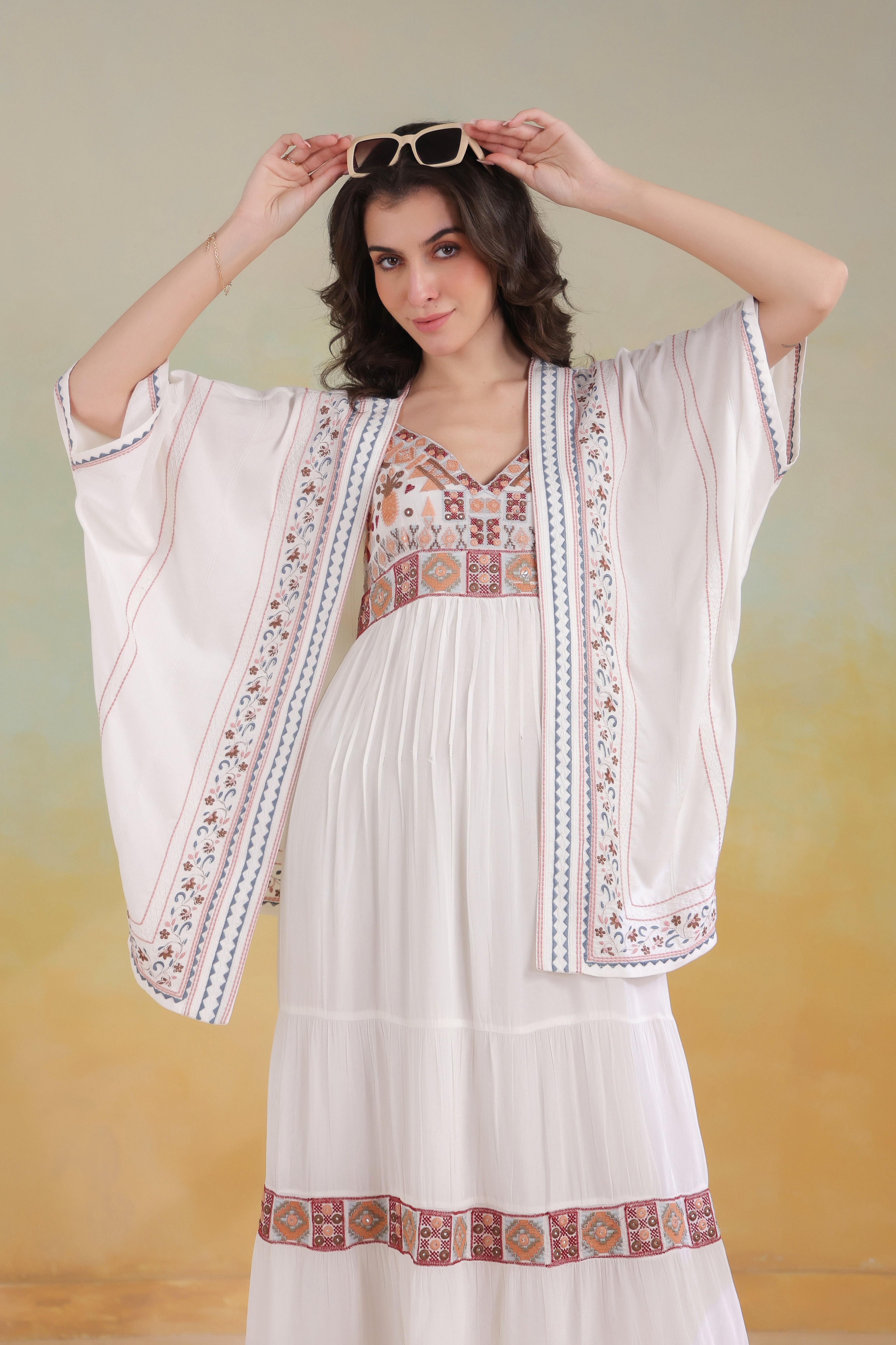 Women’s White Rayon Printed Embroidered Shrug