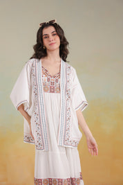 Women’s White Rayon Printed Embroidered Shrug
