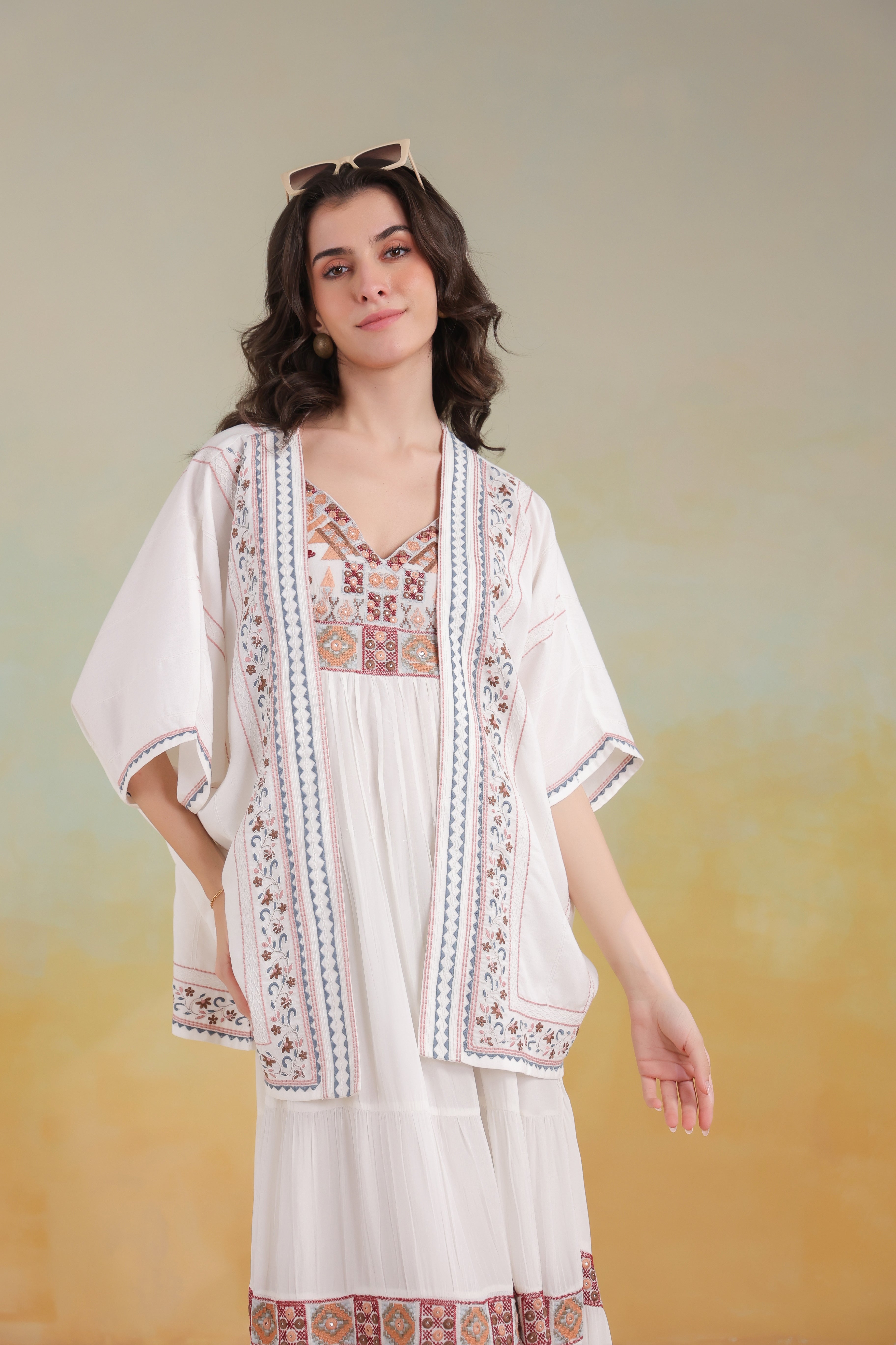 Women’s White Rayon Printed Embroidered Shrug