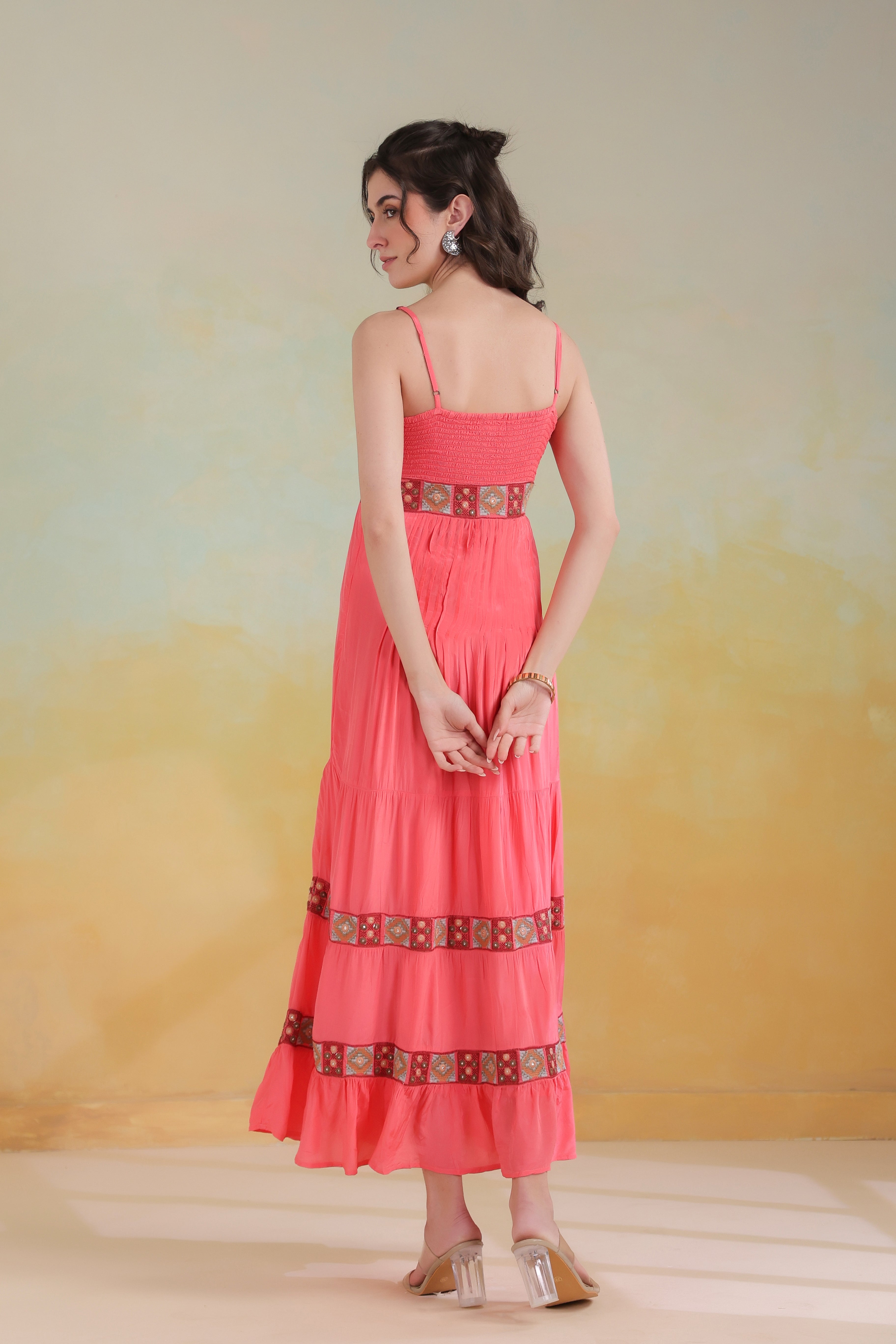 Women’s Peach Viscose Rayon Embroidered Dress