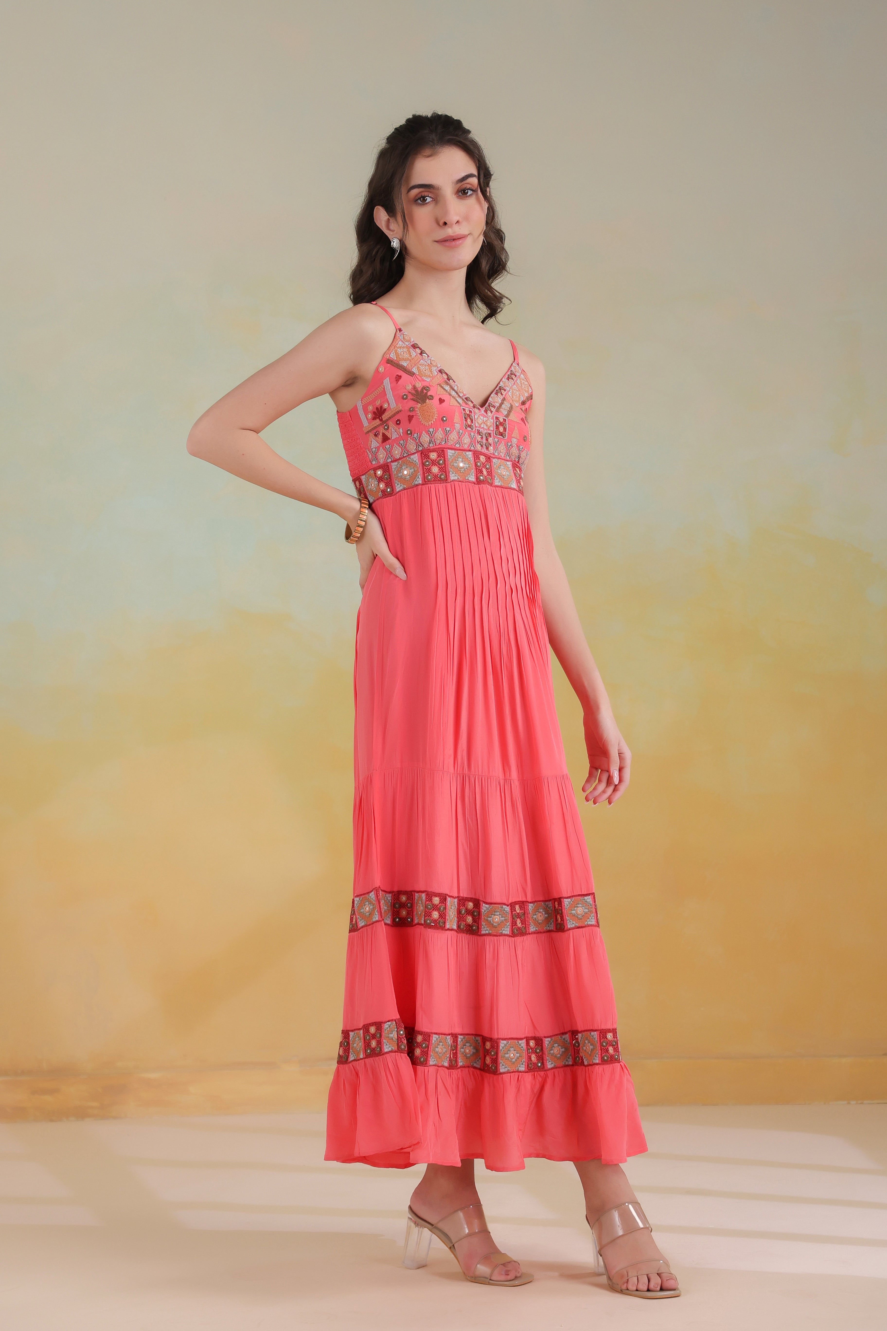 Women’s Peach Viscose Rayon Embroidered Dress