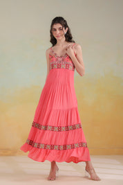 Women’s Peach Viscose Rayon Embroidered Dress