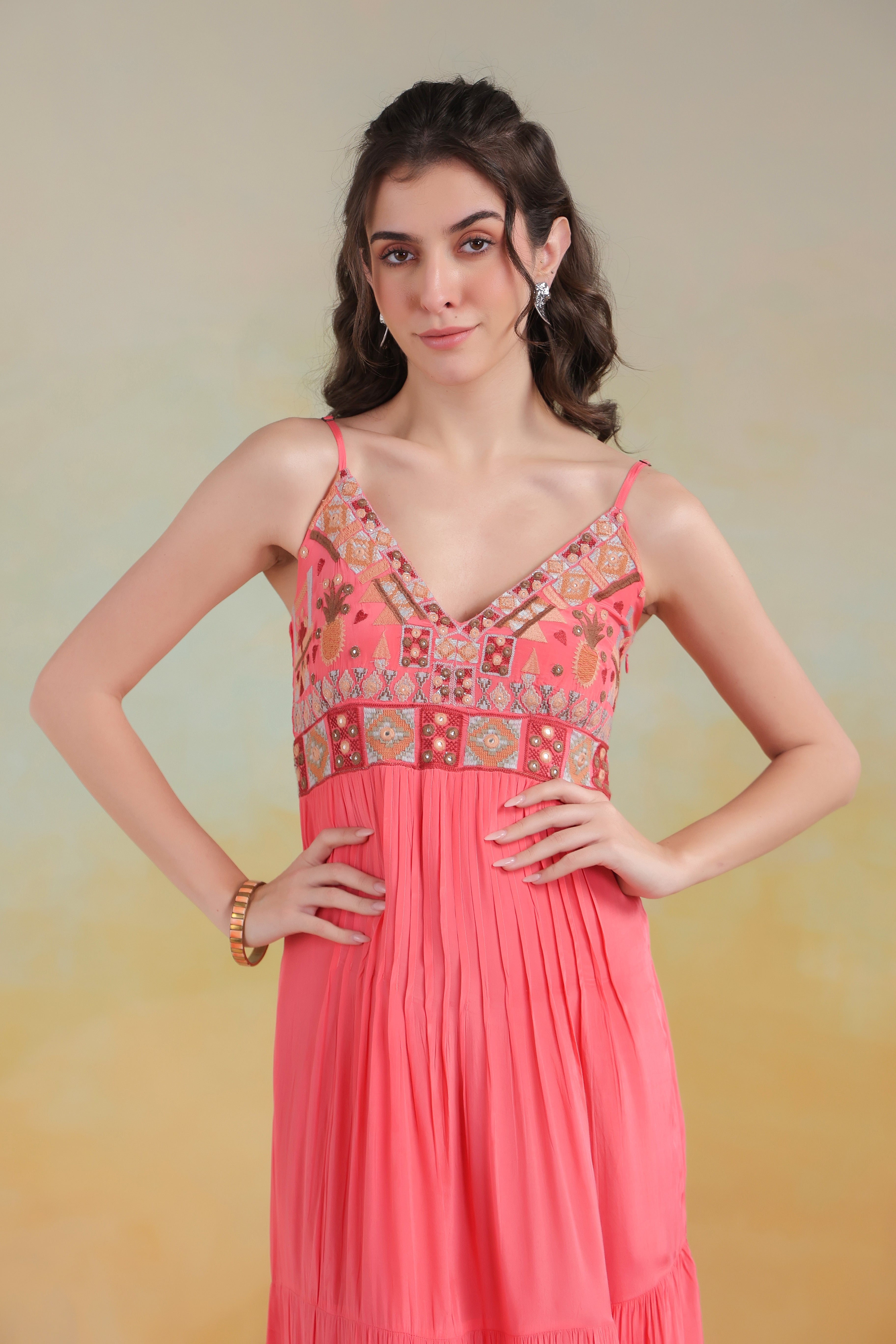 Women’s Peach Viscose Rayon Embroidered Dress
