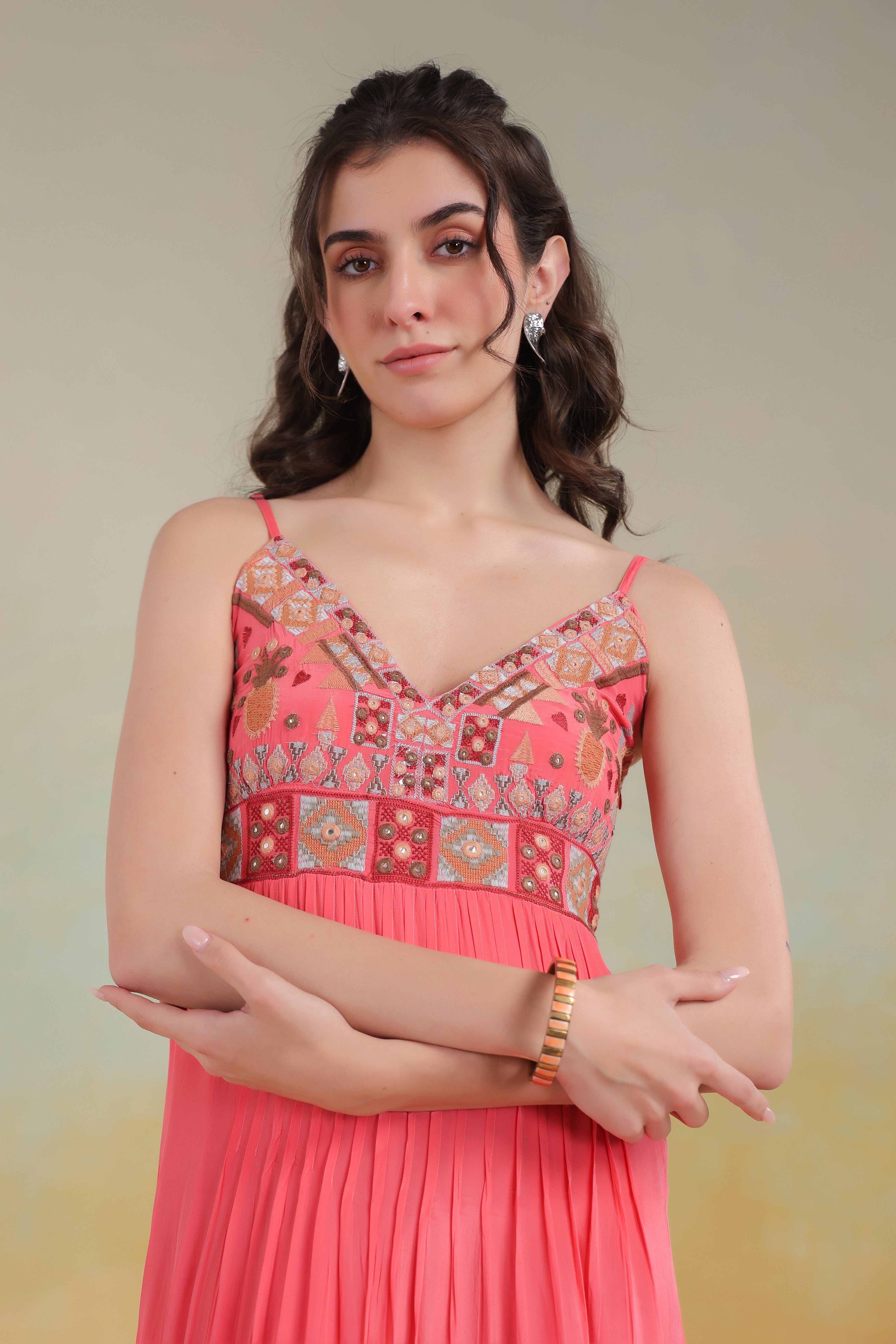Women’s Peach Viscose Rayon Embroidered Dress