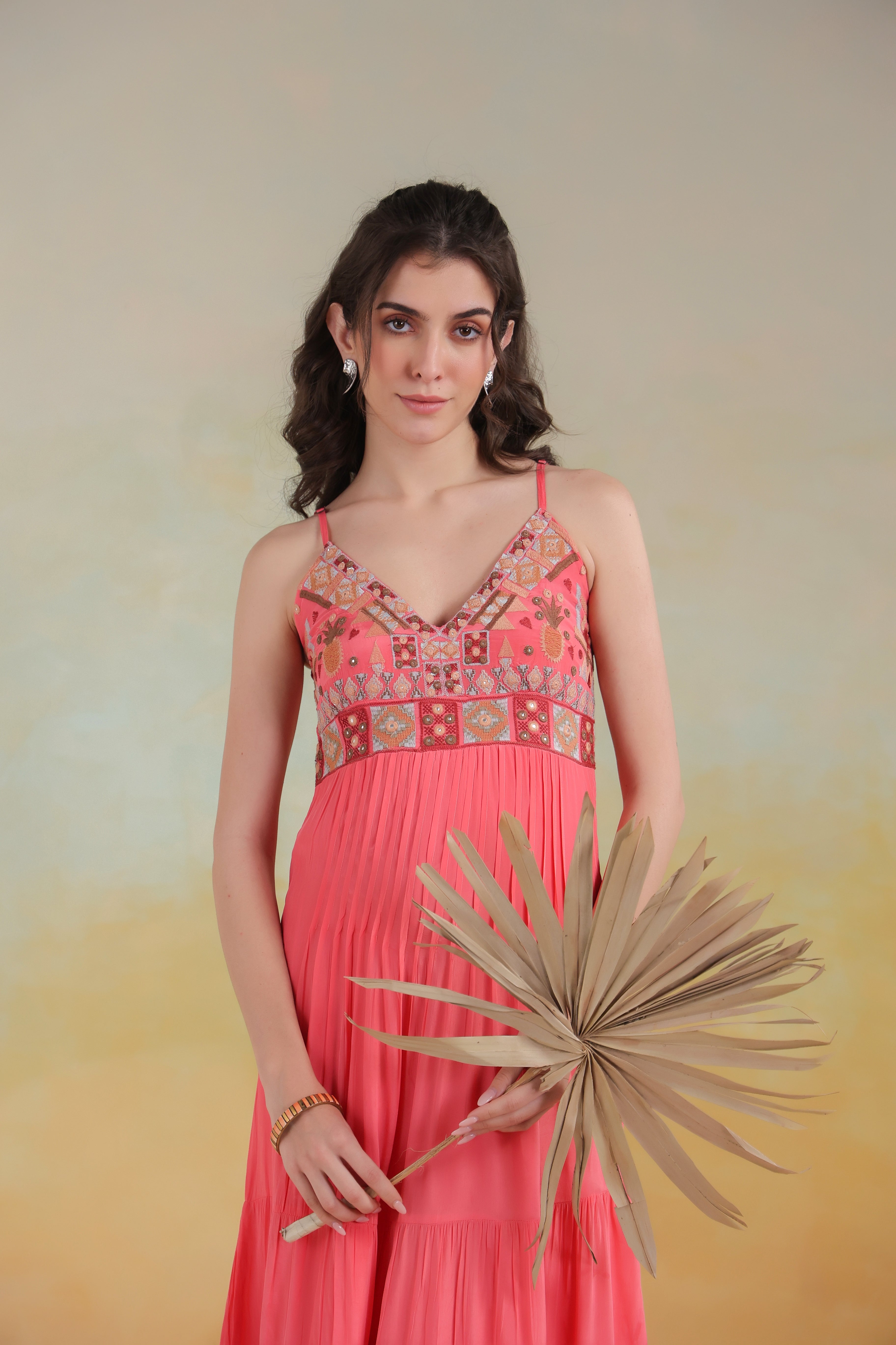 Women’s Peach Viscose Rayon Embroidered Dress
