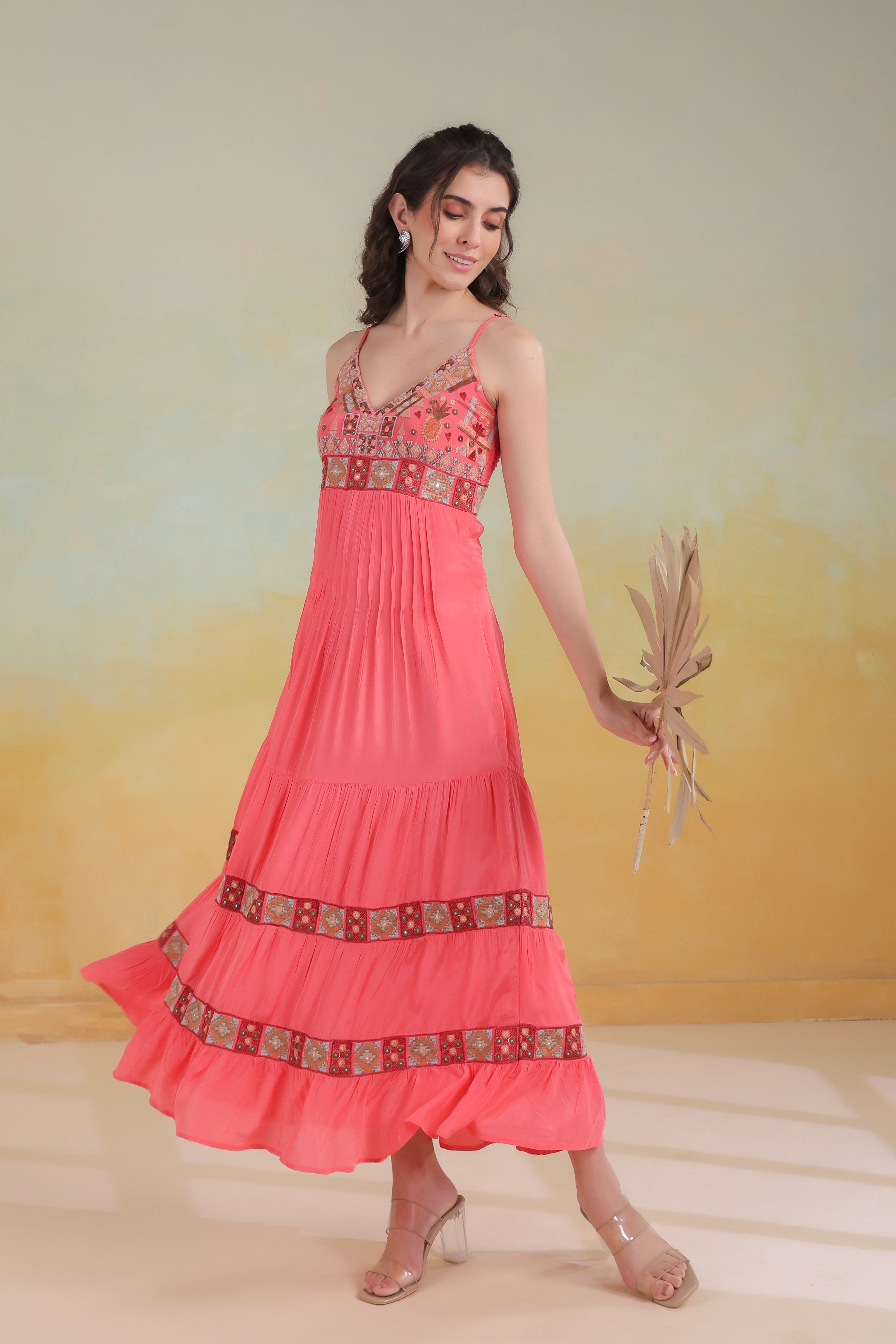 Women’s Peach Viscose Rayon Embroidered Dress