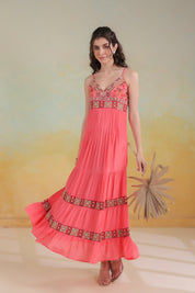 Women’s Peach Viscose Rayon Embroidered Dress