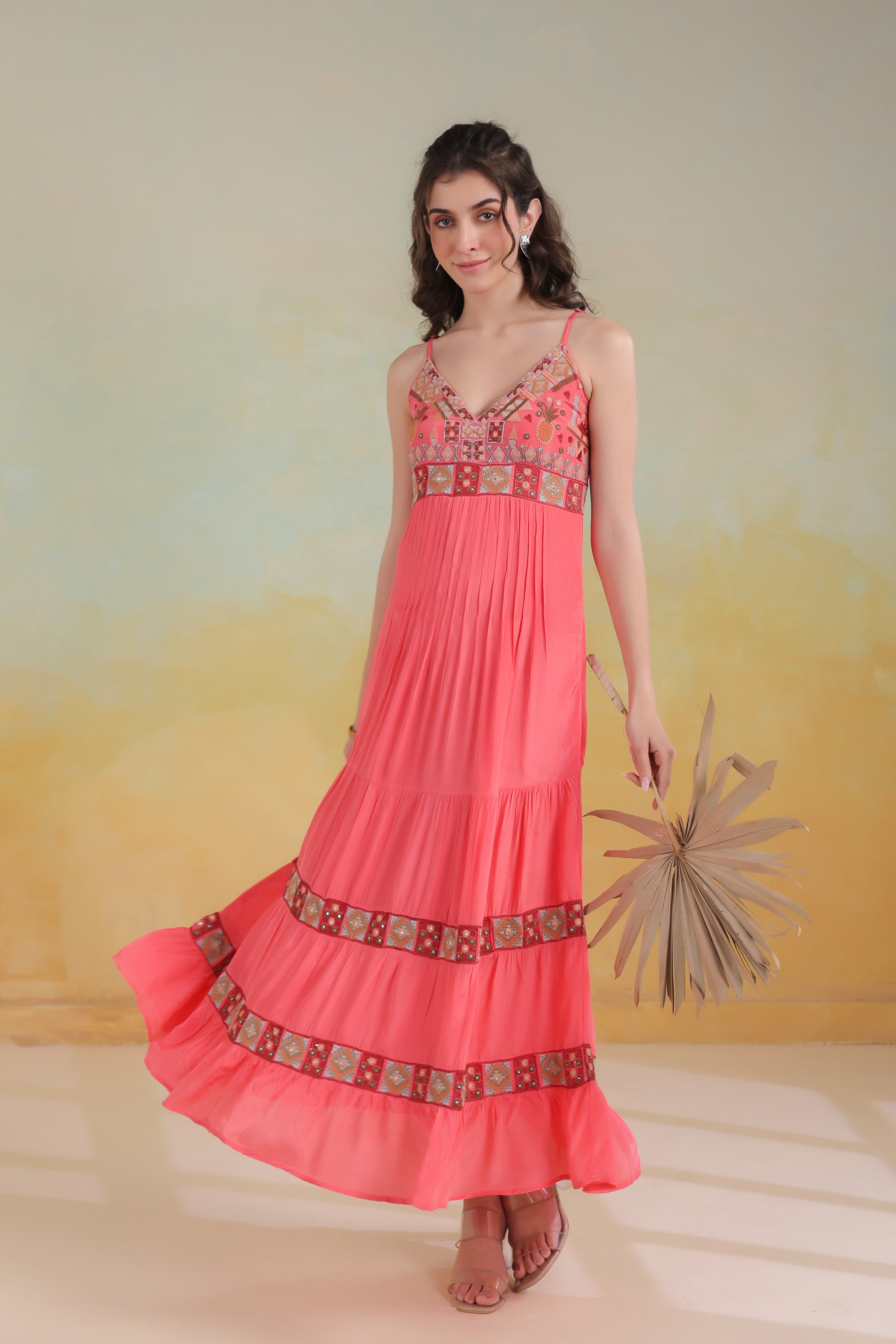 Women’s Peach Viscose Rayon Embroidered Dress