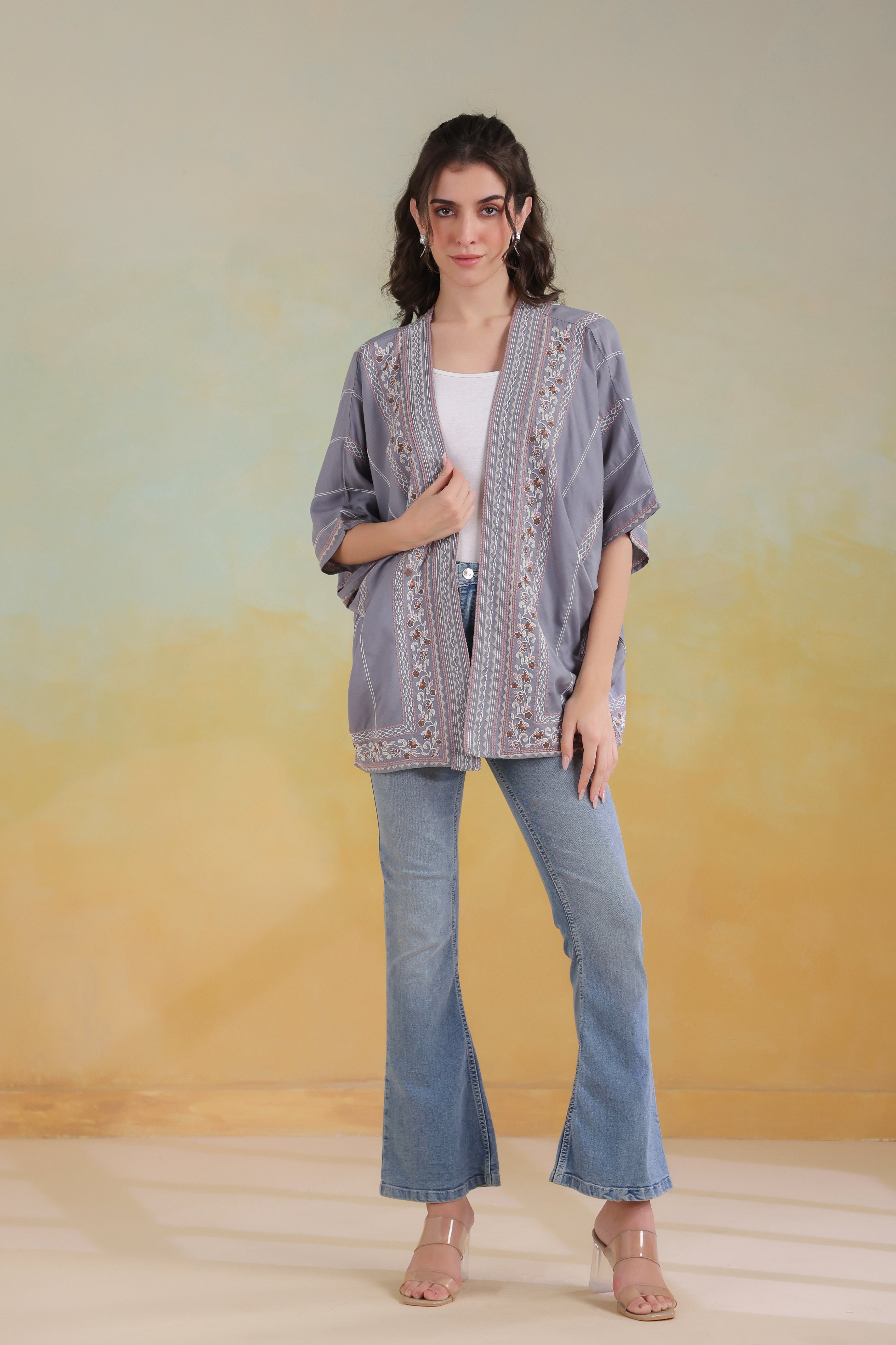 Women’s Grey Rayon Printed Embroidered Shrug