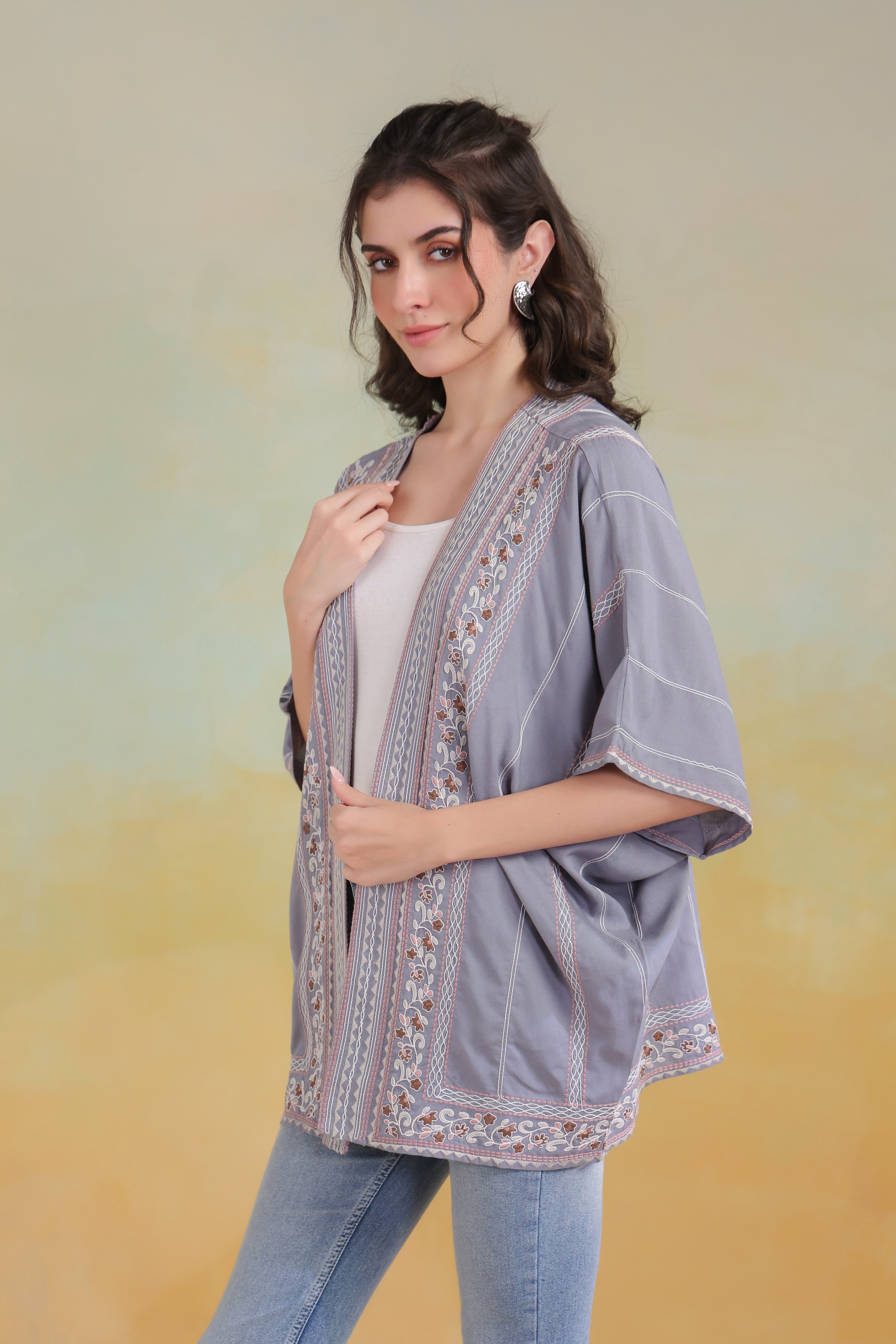 Women’s Grey Rayon Printed Embroidered Shrug