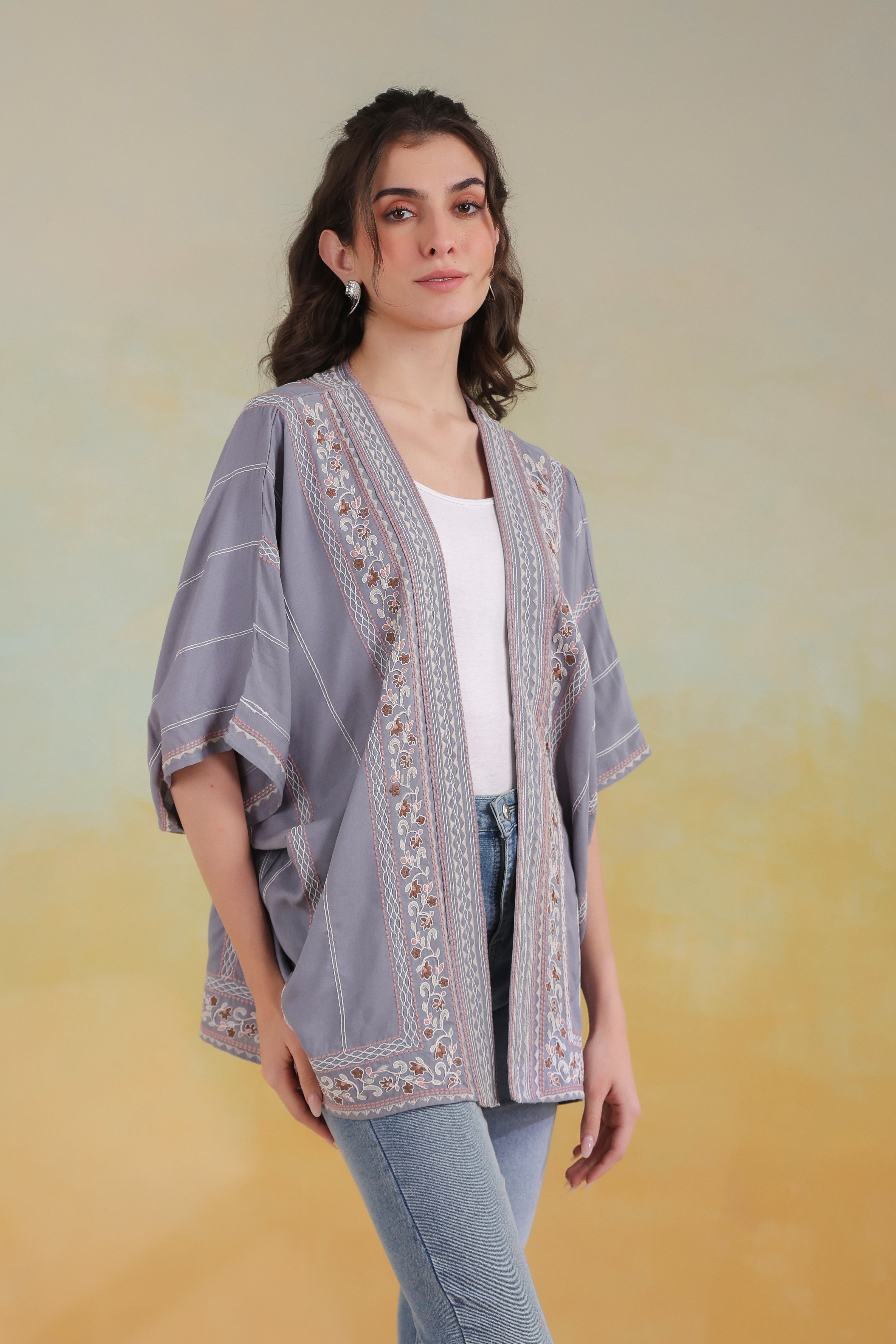 Women’s Grey Rayon Printed Embroidered Shrug