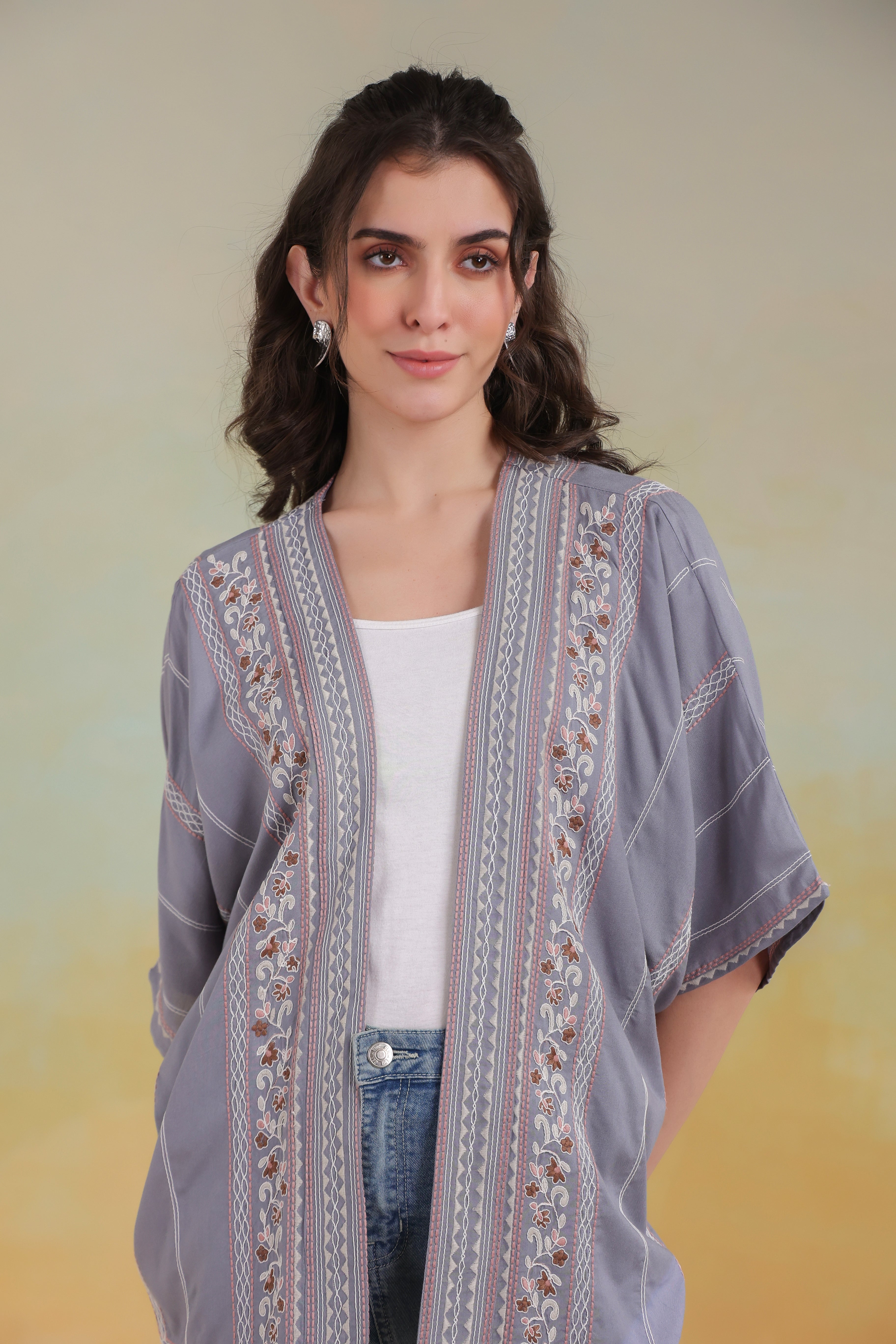 Women’s Grey Rayon Printed Embroidered Shrug