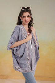 Women’s Grey Rayon Printed Embroidered Shrug