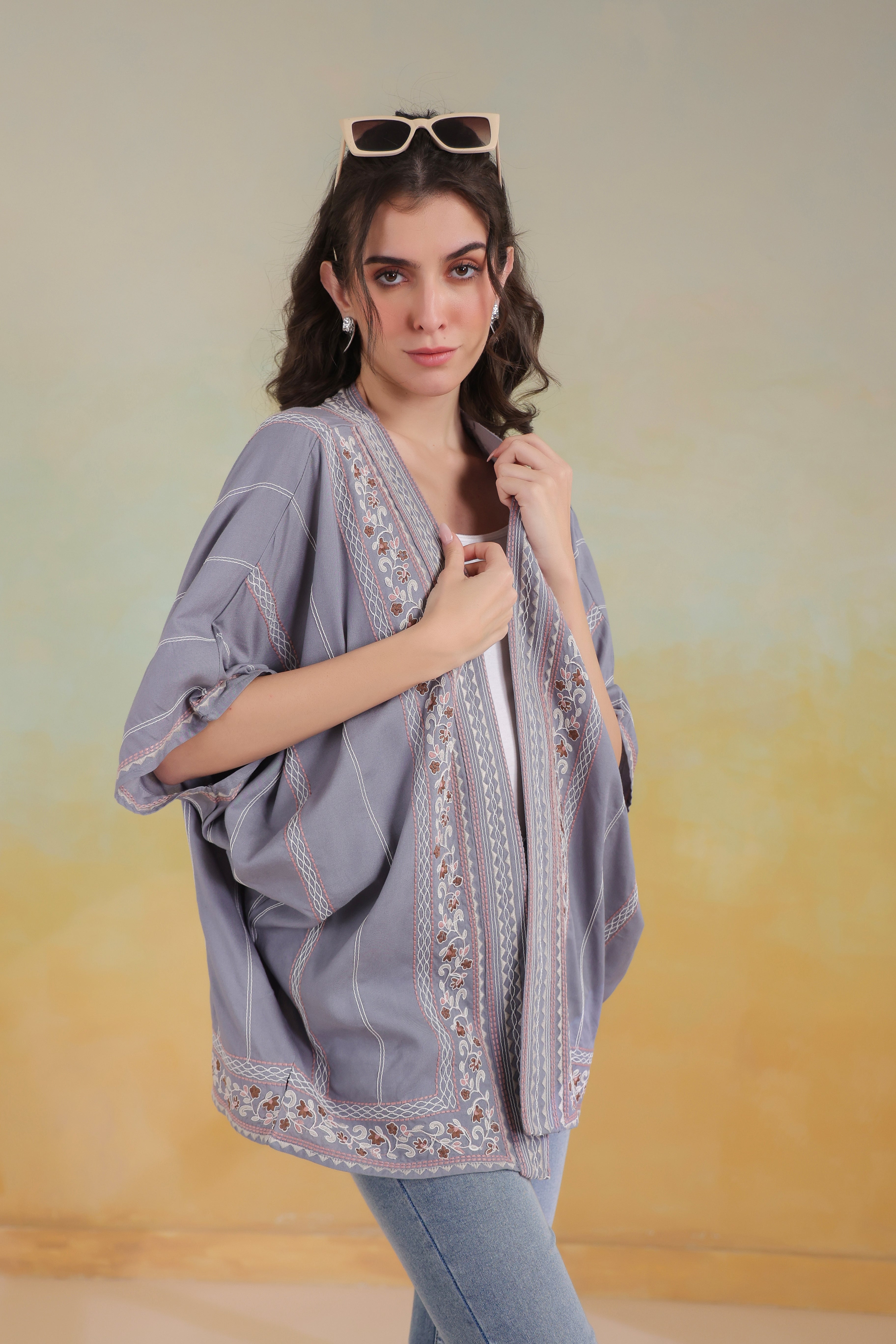 Women’s Grey Rayon Printed Embroidered Shrug